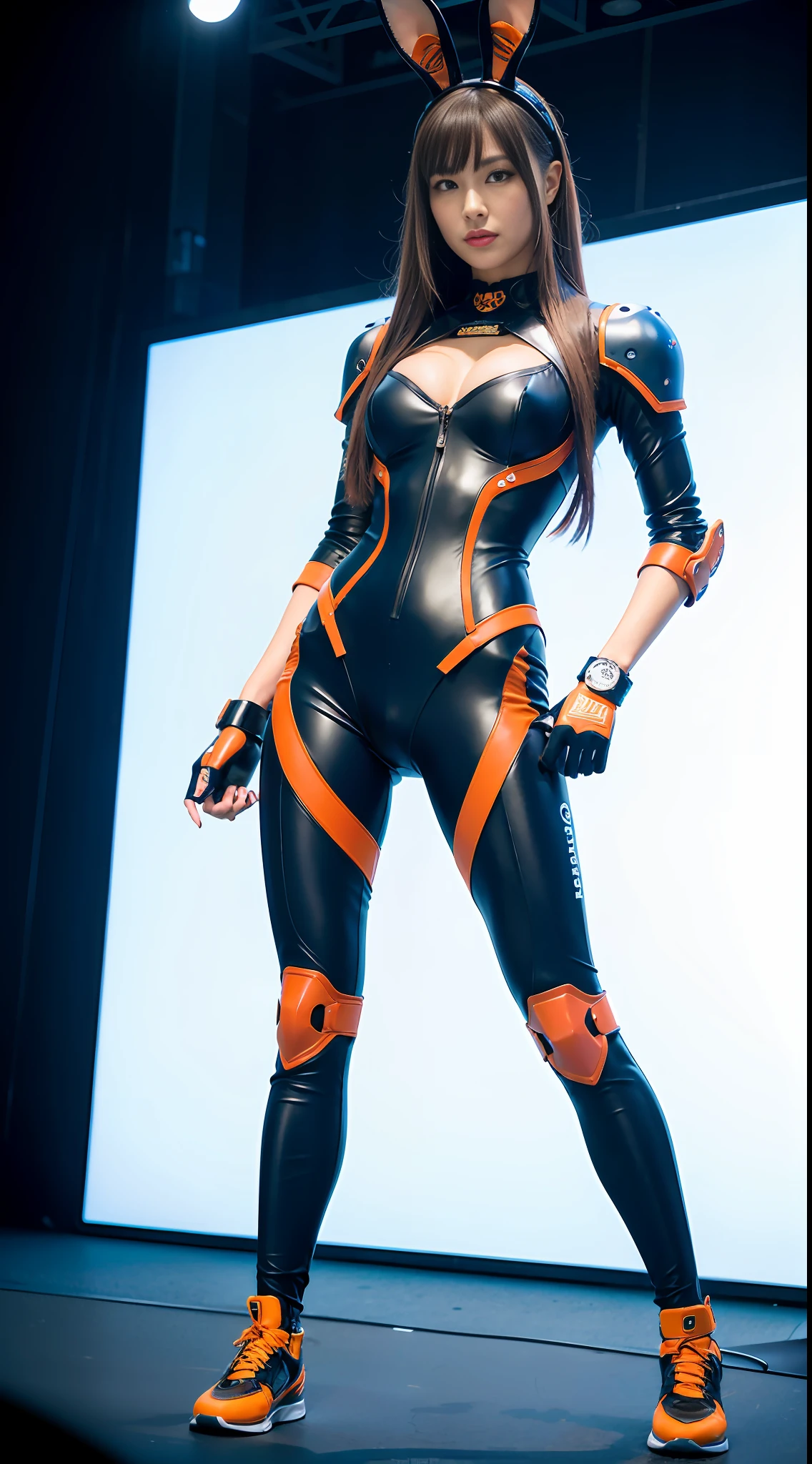 (Top Quality, Masterpiece: 1.4), (Realism: 1.2), (Realism: 1.2), (Realism: 1.2), (Absurdity: 1.2), 4K, Detail, Ultra Detailed, Detailed Face, (Ultra Detailed Eyes: 1.2), Female Cyborg, Flight Ability, Bunny Girl, Cyberpunk, Gun Carrying, Humanoid, Transcendent Beauty, Colossal Style, Full Body, Body Parts, Instruments, Charging Equipment