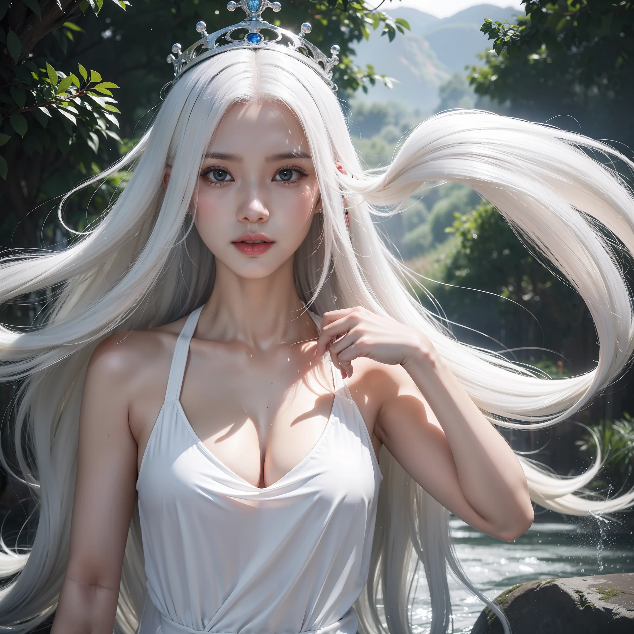 white hair, very long hair, wet hair, crown, drooling, torogao, Ultra-Wide Angle, Sony FE GM, lens flare, UHD, retina, best quality