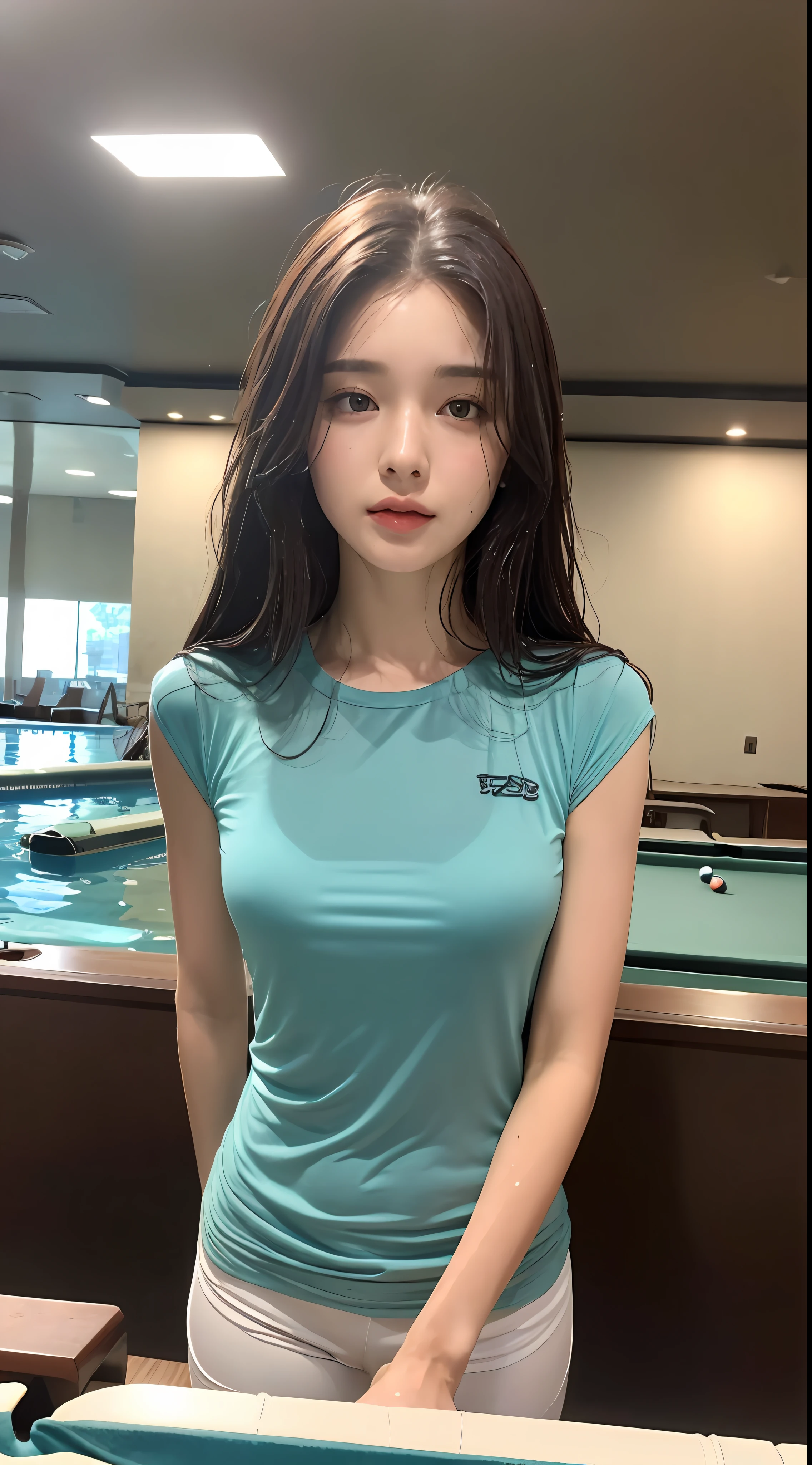 Beautiful handsome woman, standing on the edge of the pool table ((top quality, 8k, masterpiece: 1.3)), beautiful woman, 1 woman, : 1.3, slim body: 1.1, elastic dark brown hair, (shower, wet body, wet clothes: 1.1), very detailed face, detailed lips, detailed eyes, double eyelids