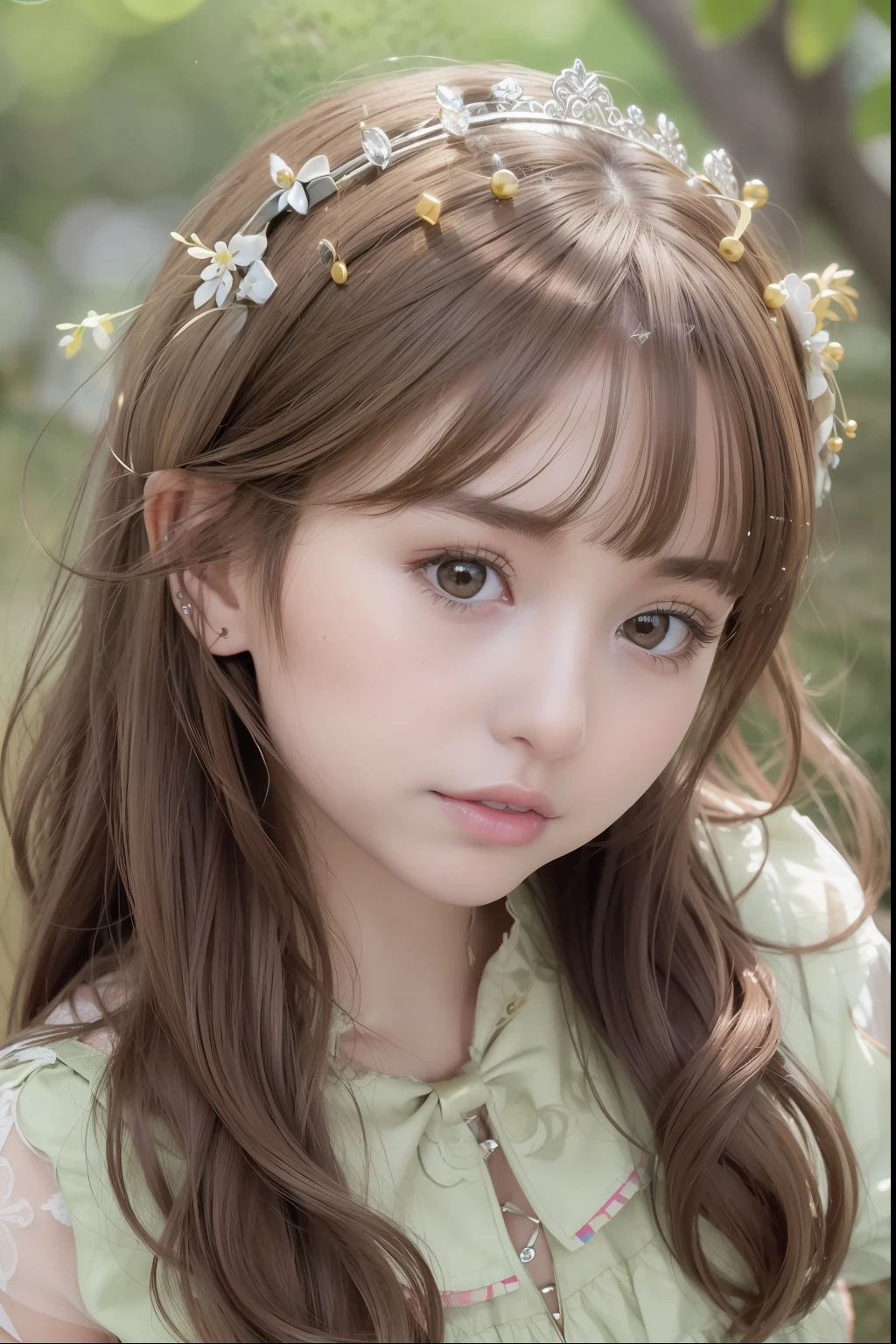 ((Best Quality:1.2, 8k, photo realistic:1.4, Masterpiece, shiny sun Lighting, Ultimate pretty Girl, Highly Detailed beautiful Textures, detailed beauty makeup, realistic skin, detailed eyes, detailed bangs)),5yo,(castle garden back ground), (shiny gold Princess dress), (hair ornament), (Grinning ear to ear), (open mouth), (detailed brilliant brown and silver two-tone wavy medium hair), (()), (head tilt), sit, look at viewer, from above