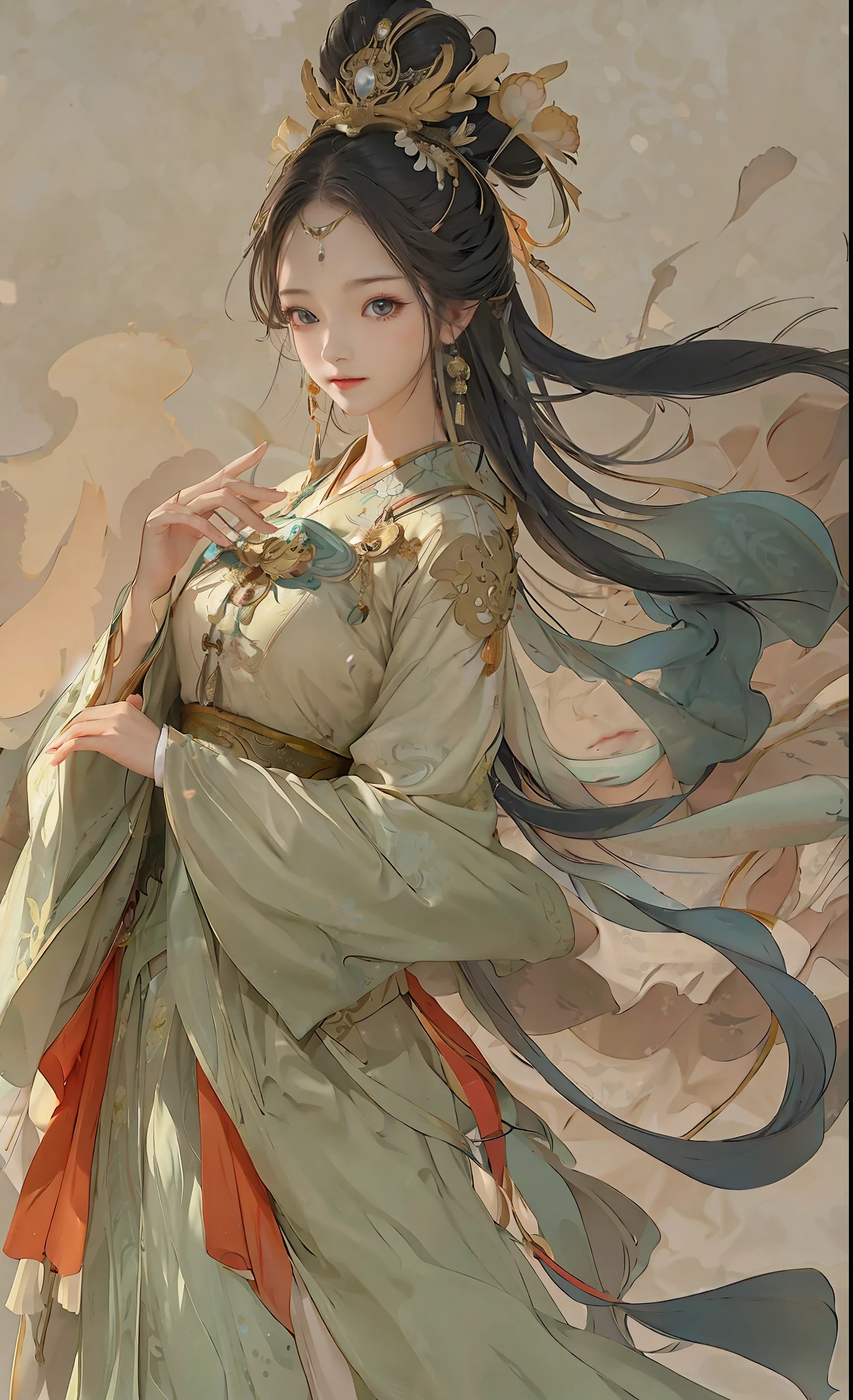 A girl, ancient Chinese costume, whole body, sunshine, clear face, clean white background, masterpiece, super detail, epic composition, ultra HD, high quality, extremely detailed, official art, uniform 8k wallpaper, super detail, 32k