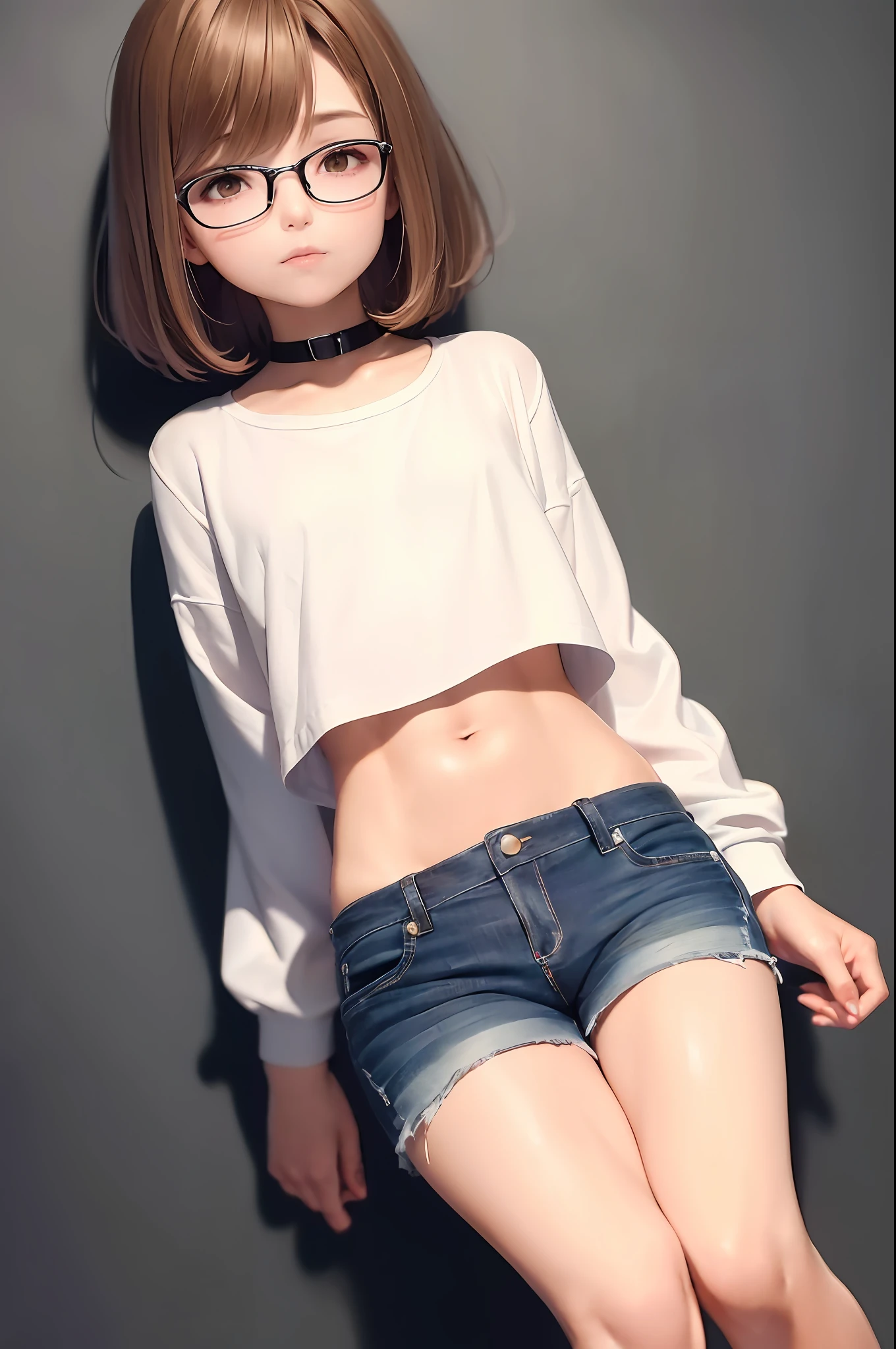 ((Middle chest, tomboy, head small)), (Chiseled abs: 1.1), (Perfect body: 1.1), (Short wavy hair: 1.2), reddish brown hair, collar, chain, full body shot, crowded streets, wearing black tank top, jeans jacket, (Shorts)), (CG 8k wallpaper), (Very delicate and beautiful), (Masterpiece), (Best Quality: 1.0), ( Ultra High Resolution: 1.0), Sailor Suit, Programmer, Glasses