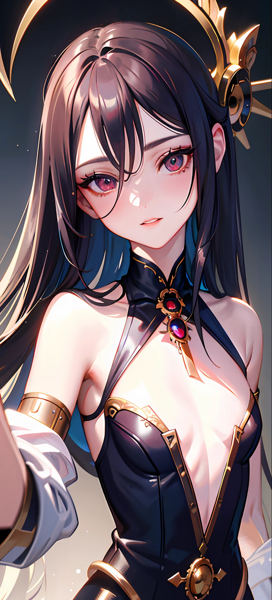 (masterpiece, sidelighting, finely detailed beautiful eyes: 1.2), (masterpiece*portrait), portrait, (bust), realistic, 3d face, lusious skin, ((solo)), (perfect face), (face close-up), scarlet eyes, hanging eye corners, (head and neck length 2 to 1), ((High detail skin, visible pores)), (perfect body), beautiful steampunk girl, small breasts