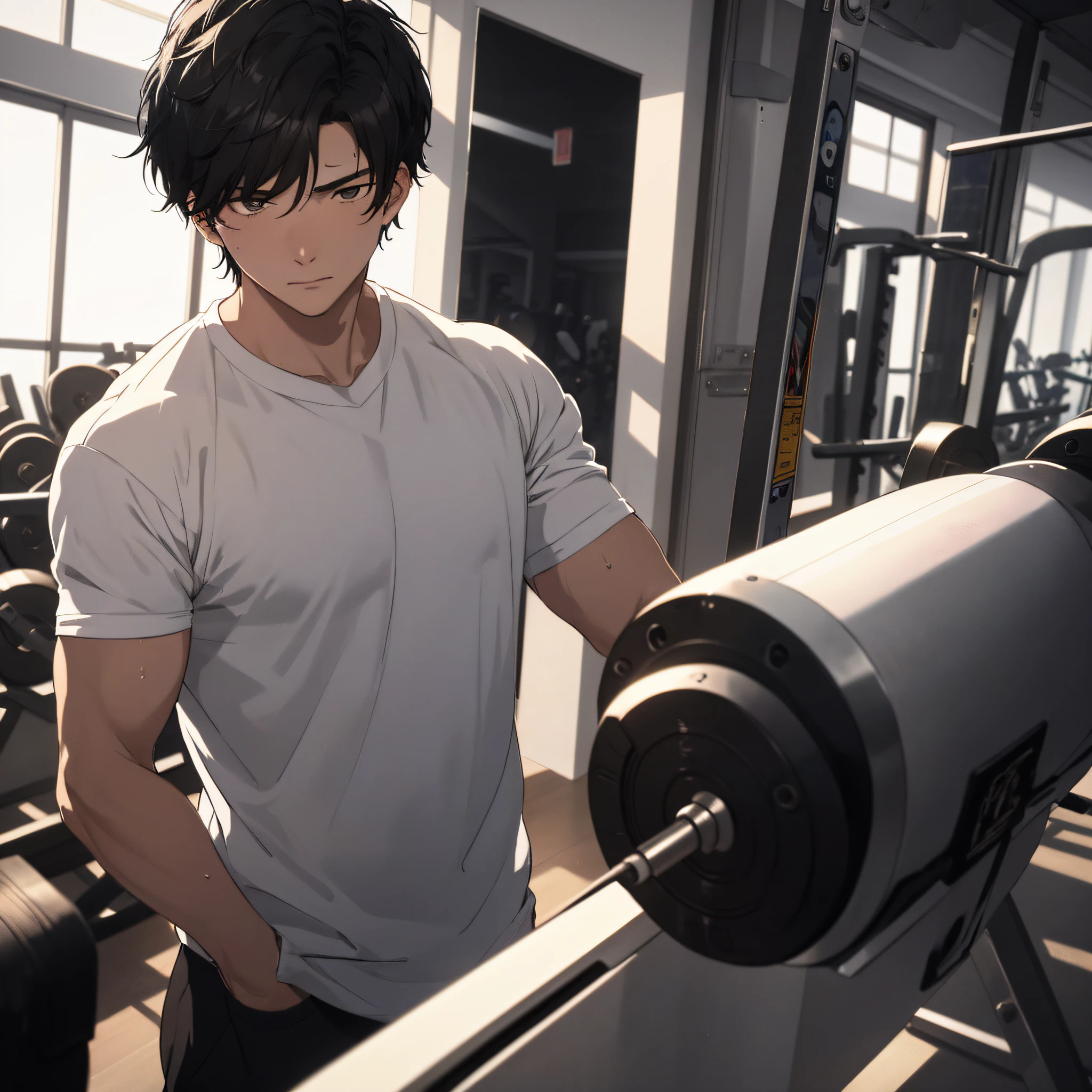 A young man with short black hair in white about twenty years old working out in the gym, (expression tired 1.5) (sweat 1.3) (background is gym 1.5) great works: 1.3), (best quality: 1.1) (masterpieces: 1.3) with unparalleled masterpieces, surreal 8K, perfect artwork, super details, best quality, masterpieces 4K wallpaper aesthetics, masterpieces, award-winning artwork, official art, cinematic lighting