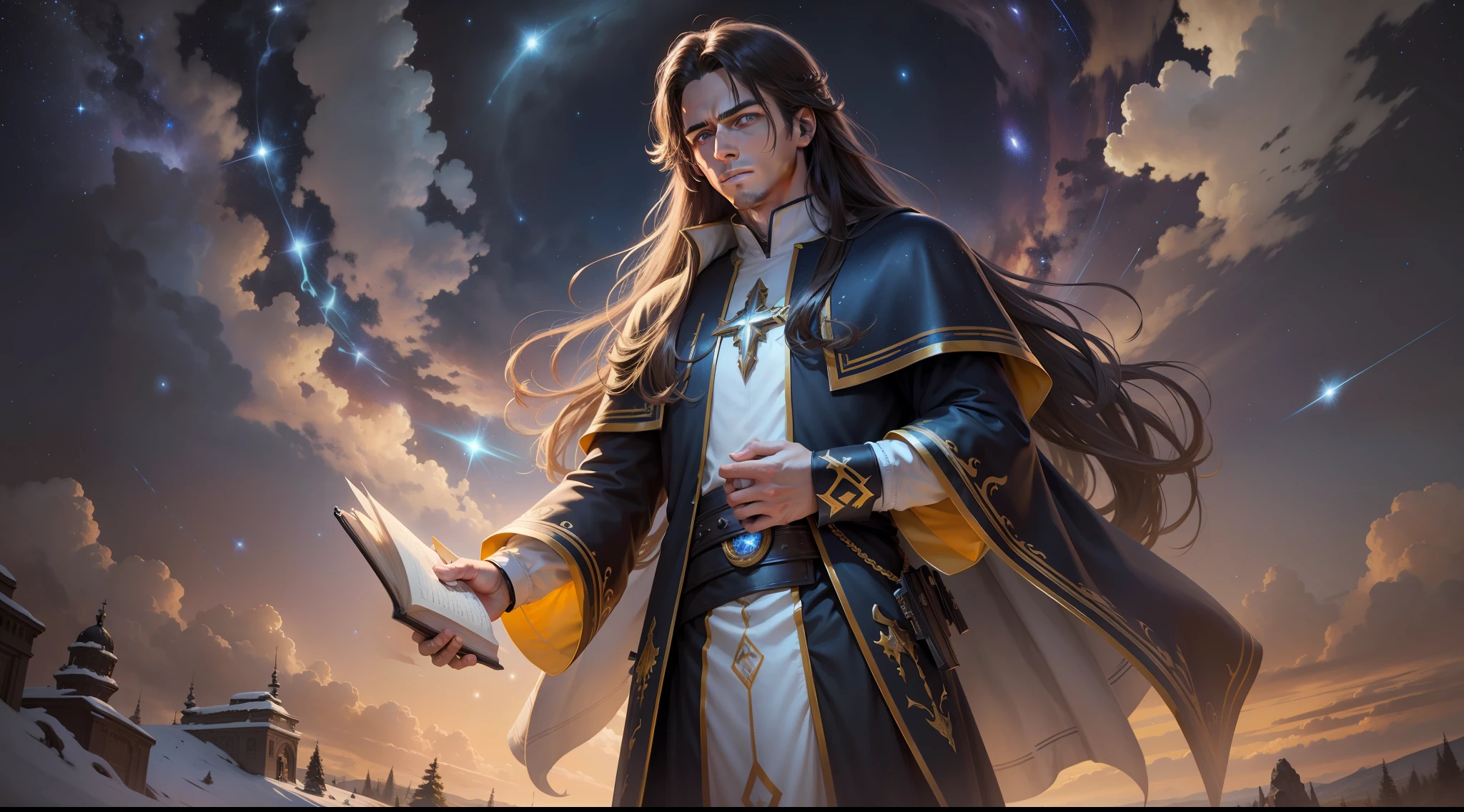 4k resolution, realistic, priest, ultra-realistic, male, background, starry sky, with light, full body, blue eyes, good looking, long hair, yellow and black, American, front, holding a book