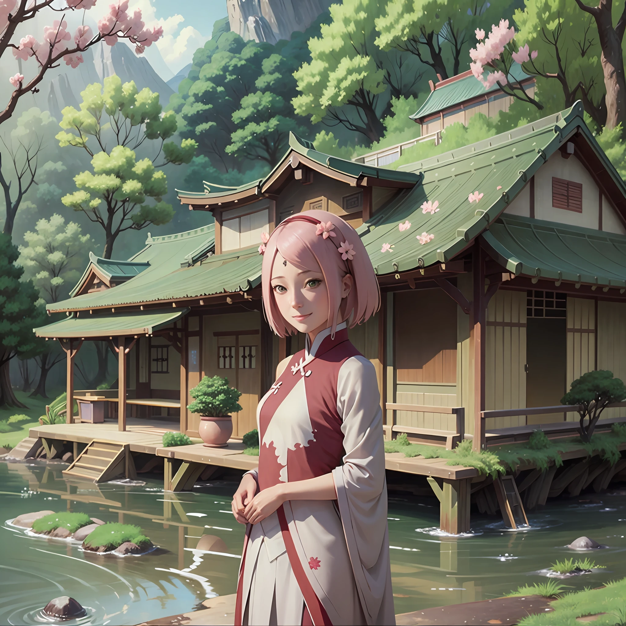 (masterpiece),best quality,good anatomy, shuimobysim,(1 girl:1), (upper body),(smile),short hair,(hanfu),(ecchi0.5), (trees:0.5), (flowers:0.6) ,(wooden house:0.2),(bamboo forest:0.2),(creek:0.2),(river:0.2), sakura