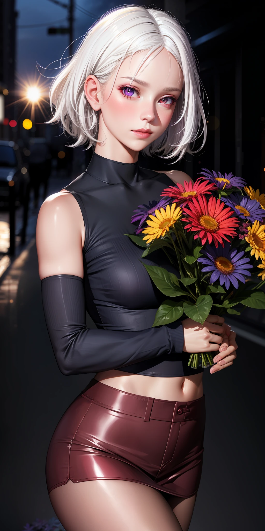 realistic, 1girl, white hair, purple eyes, glowing eyes, crop top, skirt, parted lips, blush, night, flowers, sun, sunlight,