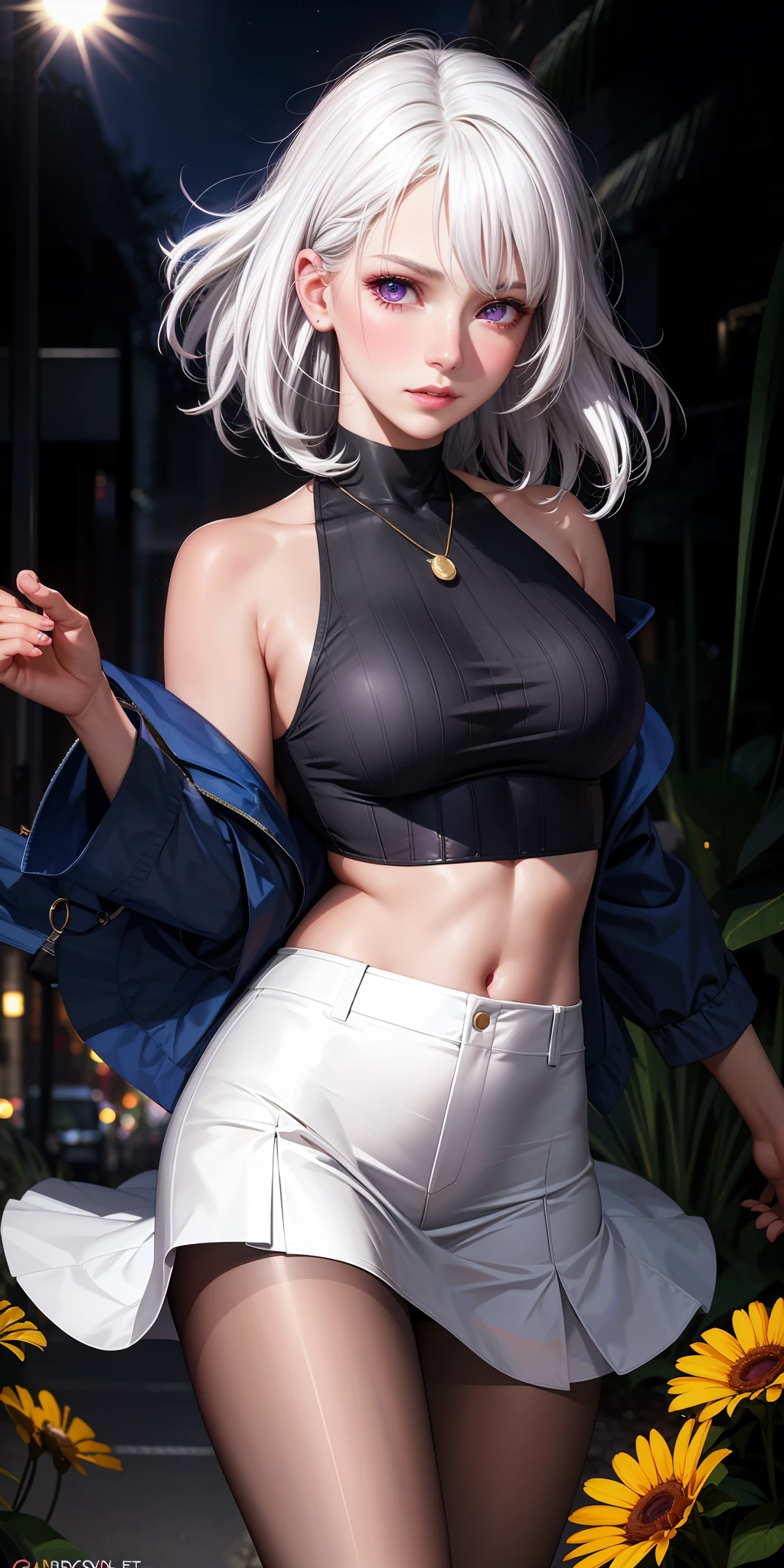 realistic, 1girl, white hair, purple eyes, glowing eyes, crop top, skirt, parted lips, blush, night, flowers, sun, sunlight,
