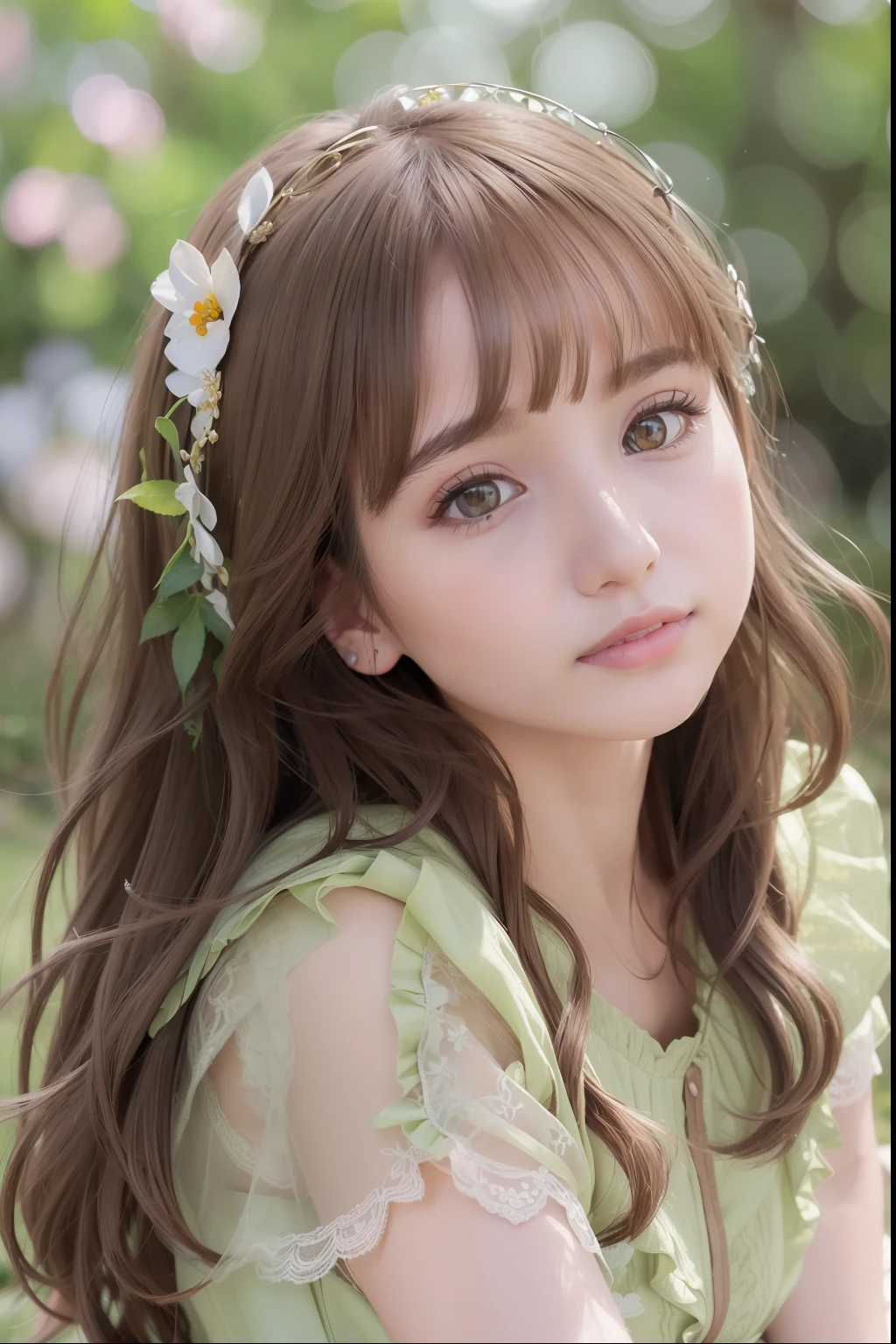 ((Best Quality:1.2, 8k, photo realistic:1.4, Masterpiece, shiny sun Lighting, Ultimate pretty Girl, Highly Detailed beautiful Textures, detailed beauty makeup, realistic skin, detailed eyes, detailed bangs)),5yo,(floral back ground), (shiny white Princess dress), (hair ornament), (Grinning ear to ear), (open mouth), (detailed brilliant brown and silver two-tone wavy medium hair), ((baby face)), (head tilt), sit, look at viewer, from above, wind
