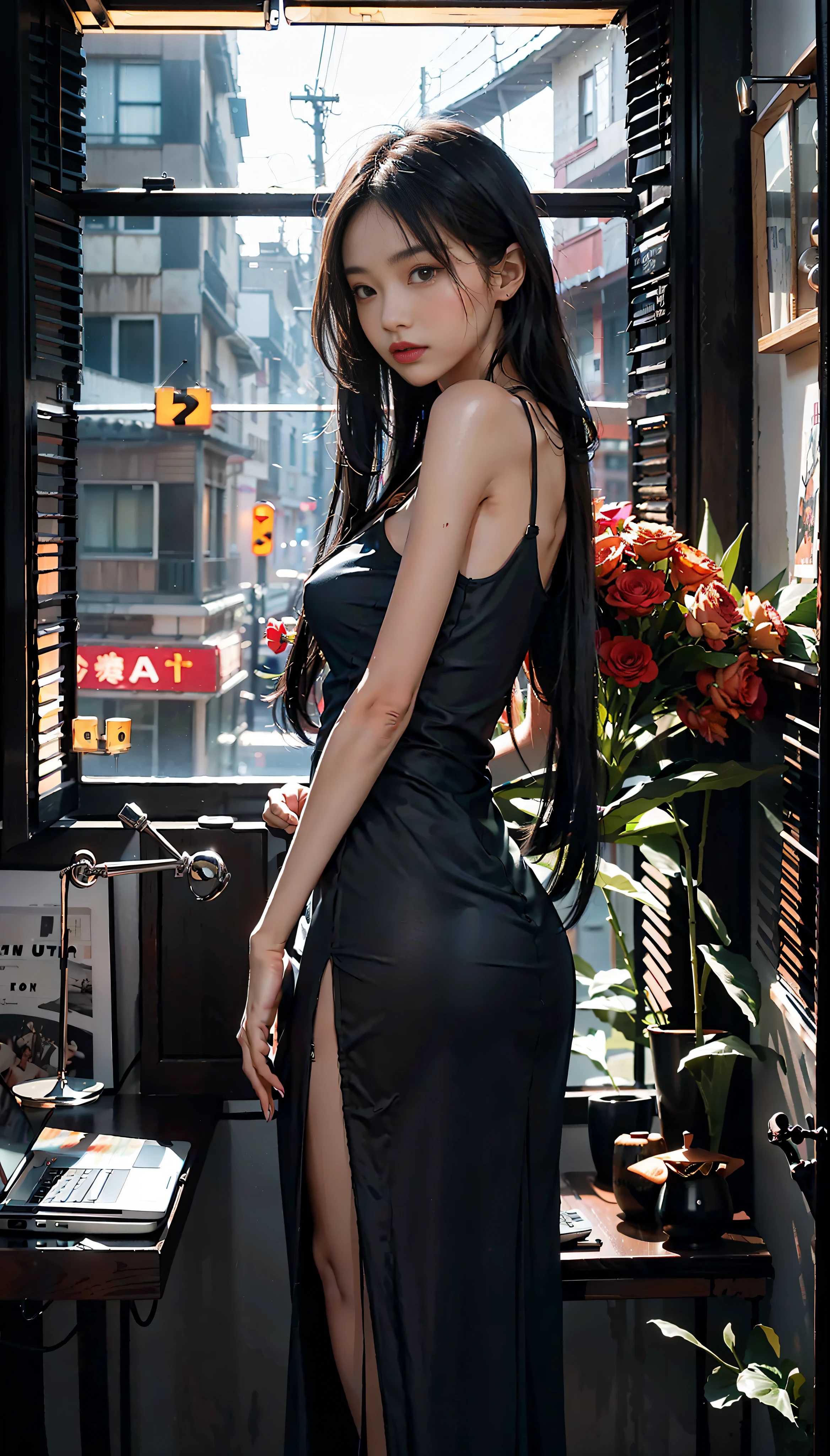(Digital Art, Ultra HD, Ultra Detail Painting), (High Contrast), (Ordinary Apartment Standing Asian Beauty) Neon lights shining on the body, (Large rings and long straight black hair) to create a sharp contrast, (Night window) Add mystery, (Blue extra-long sexy transparent dress) Highlight the curves of the figure, (Laptop and coffee cup and vase) Create an intimate and free atmosphere, (4K quality) Show every detail.