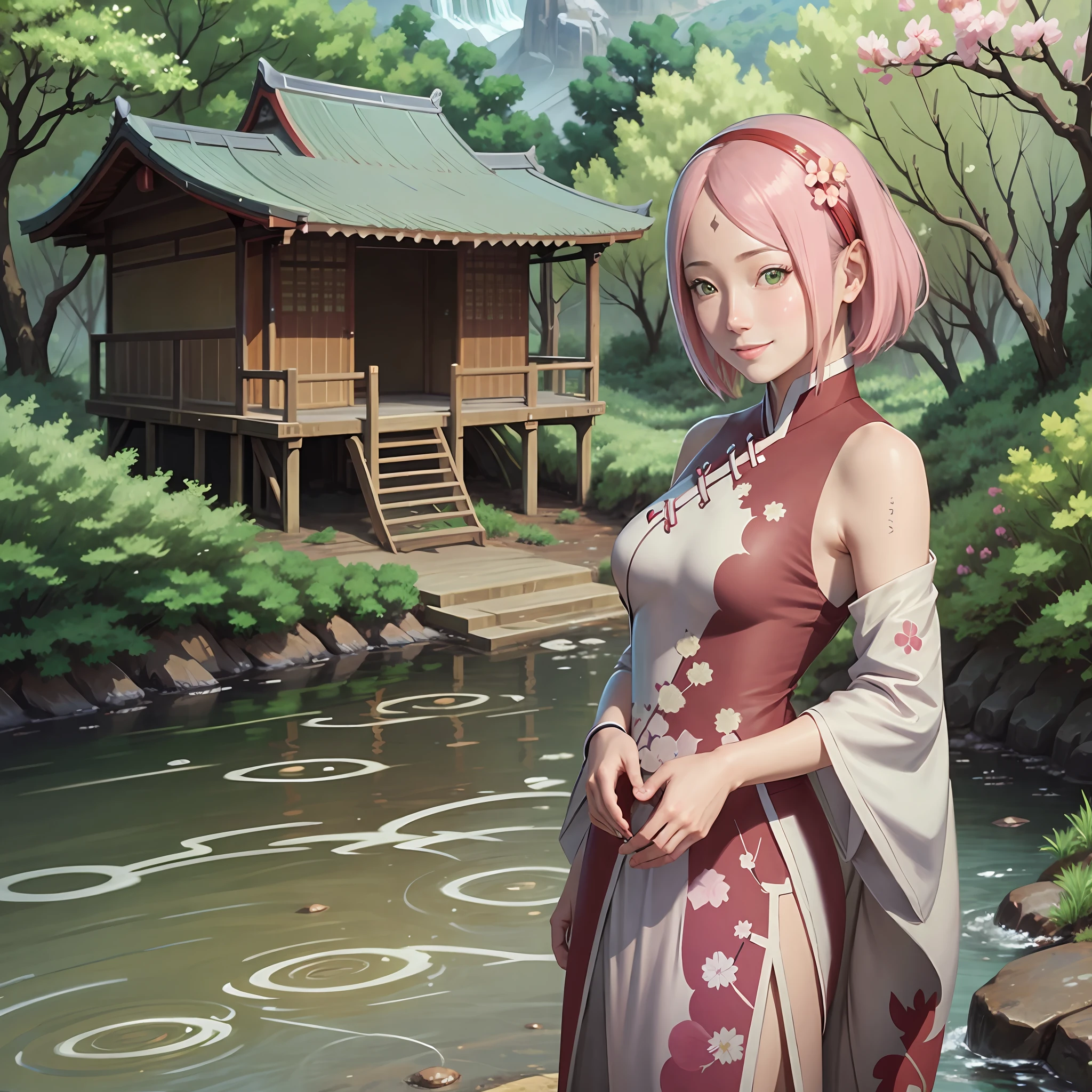 (masterpiece),best quality,good anatomy, shuimobysim,(1 girl:1), (upper body),(smile),short hair,(hanfu),(ecchi0.5), (trees:0.5), (flowers:0.6) ,(wooden house:0.2),(bamboo forest:0.2),(creek:0.2),(river:0.2), sakura,big breast