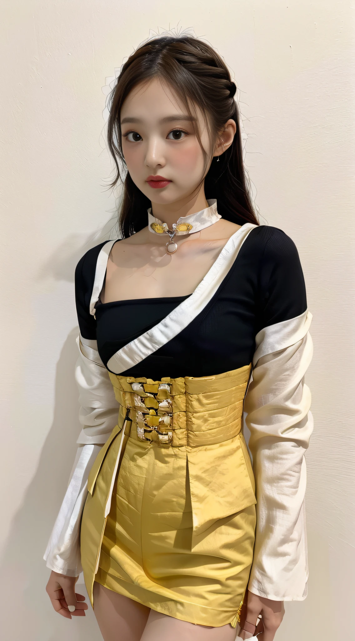Masterpiece, superlative, realistic, café 1 woman, (Hanfu, Ming dress, black shorts, yellow with white linen skirt, round neck, folded collar),