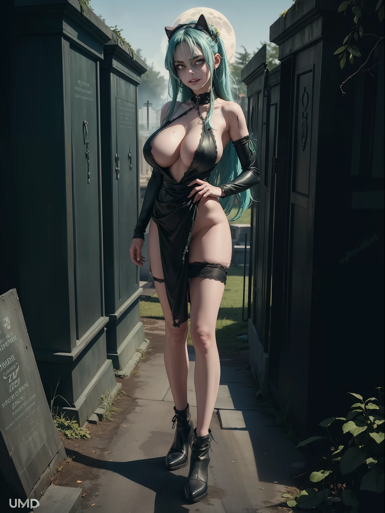 (front/standing/full body photo:2), (one/woman/zombie:1.5), (large breasts:1.8), body in several wounds, wearing black silk maid's clothes half transparent all torn, clothes extremely tight on the body, maid's headdress on the head, no skirt, she is inside a cemetery at night with fog and a full moon in the sky, she has extremely pale skin, green eyes, blue hair, is doing exhibitionist pose for the viewer, is smiling, is staring at the viewer, anime style, 16k, UHD, masterpiece, high quality, high details, textured skin