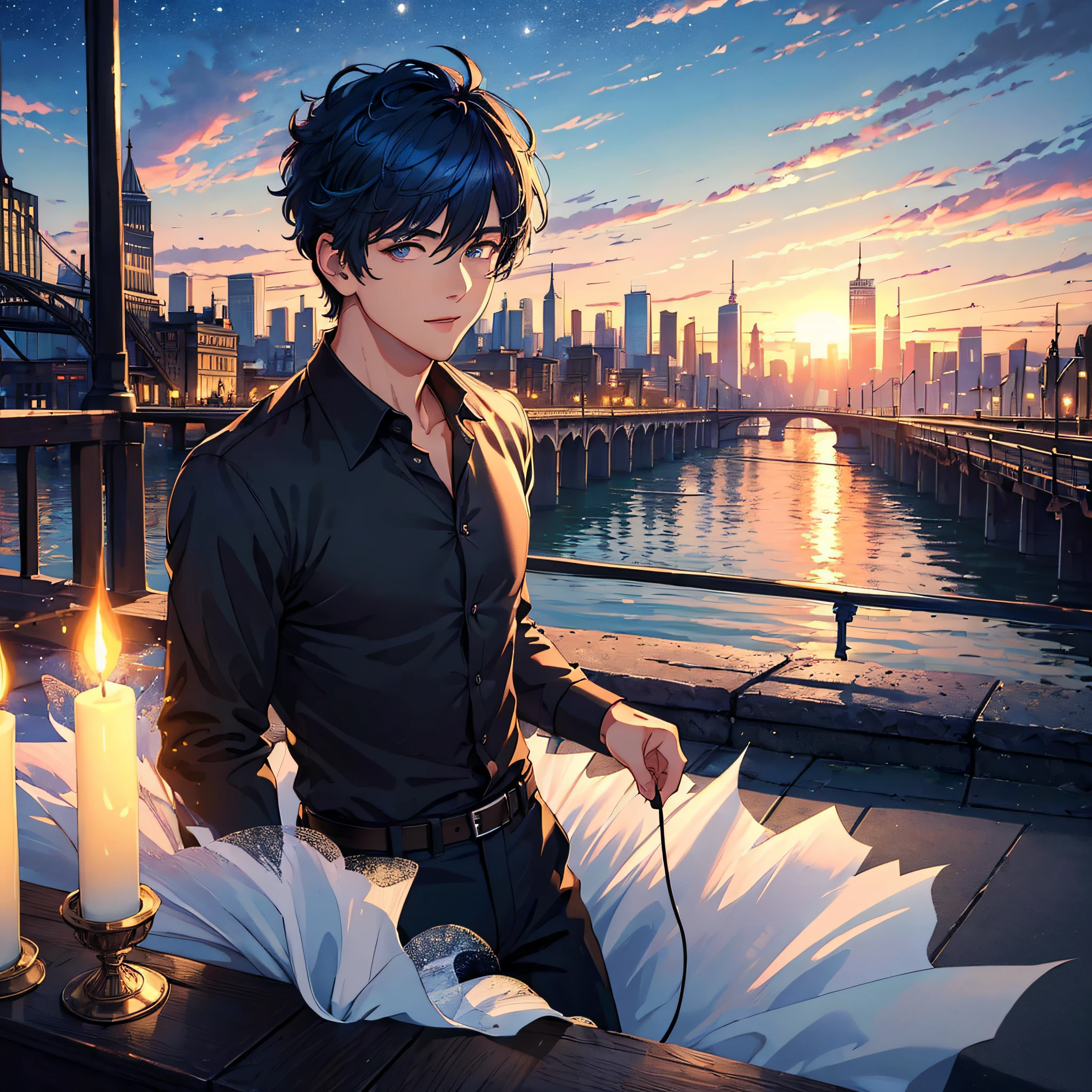 (masterpiece:1.5), (ultra-detailed), (extremely detailed CG, ultra-detailed, best shadow:1.1), 1boy, solo, night sky, outdoors, moon, stars, clouds, short hair, (blue hair), dress shirt, (black shirt), extremely detailed eyes, shadow on face, light smile, looking at viewer, mysterious, hyper detailed, texture, detail, realism, depth, perspective, special effects, composition, scale, foreground, middle ground, background, perspective, light, color, texture, detail, beauty, wonder, young man, city