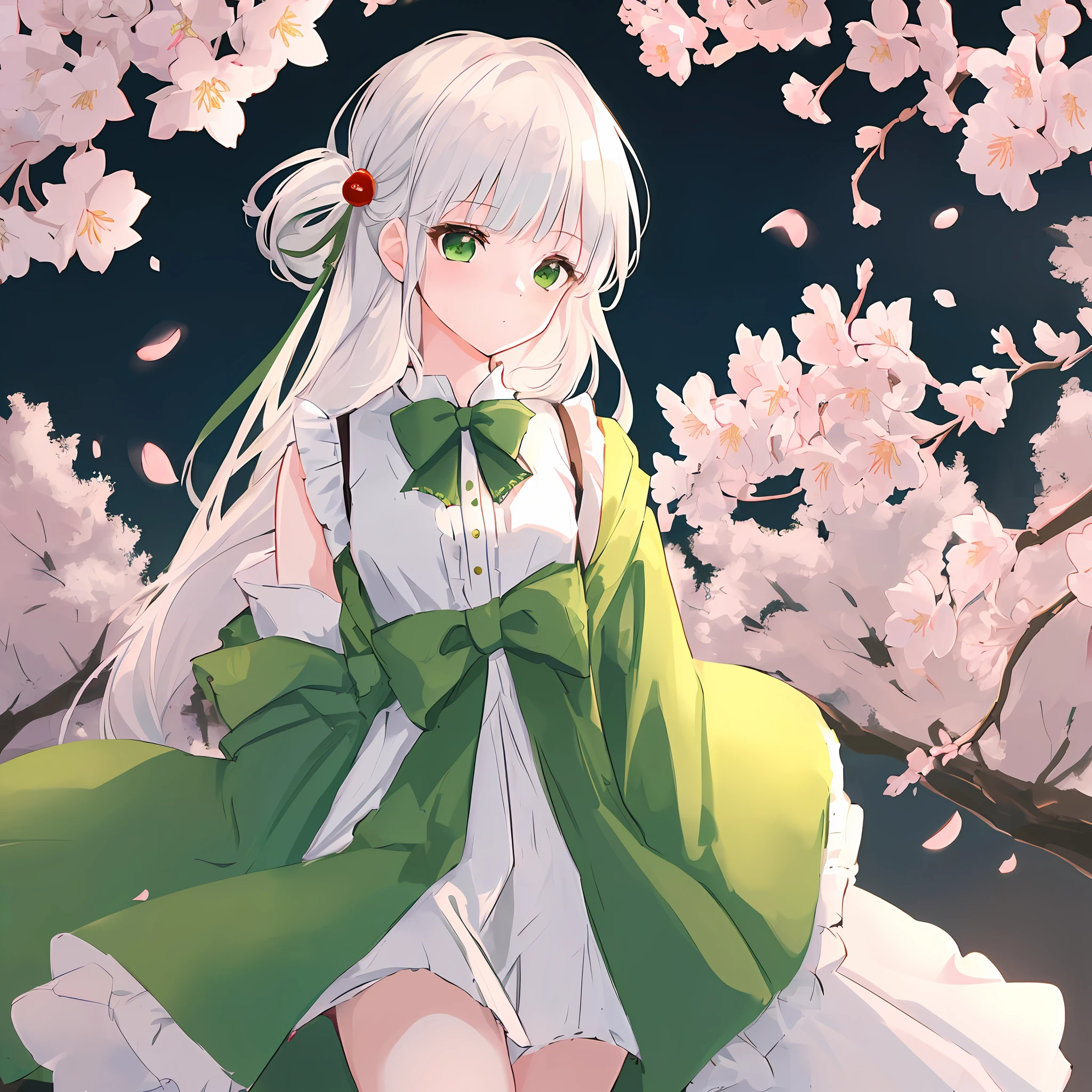 1girl , (incredibly_absurdres:1.5), 'solo'' an extremely delicate and beautiful girl, white hair and green eyes, 8k wallpaper, cherry blossoms: 1.5,