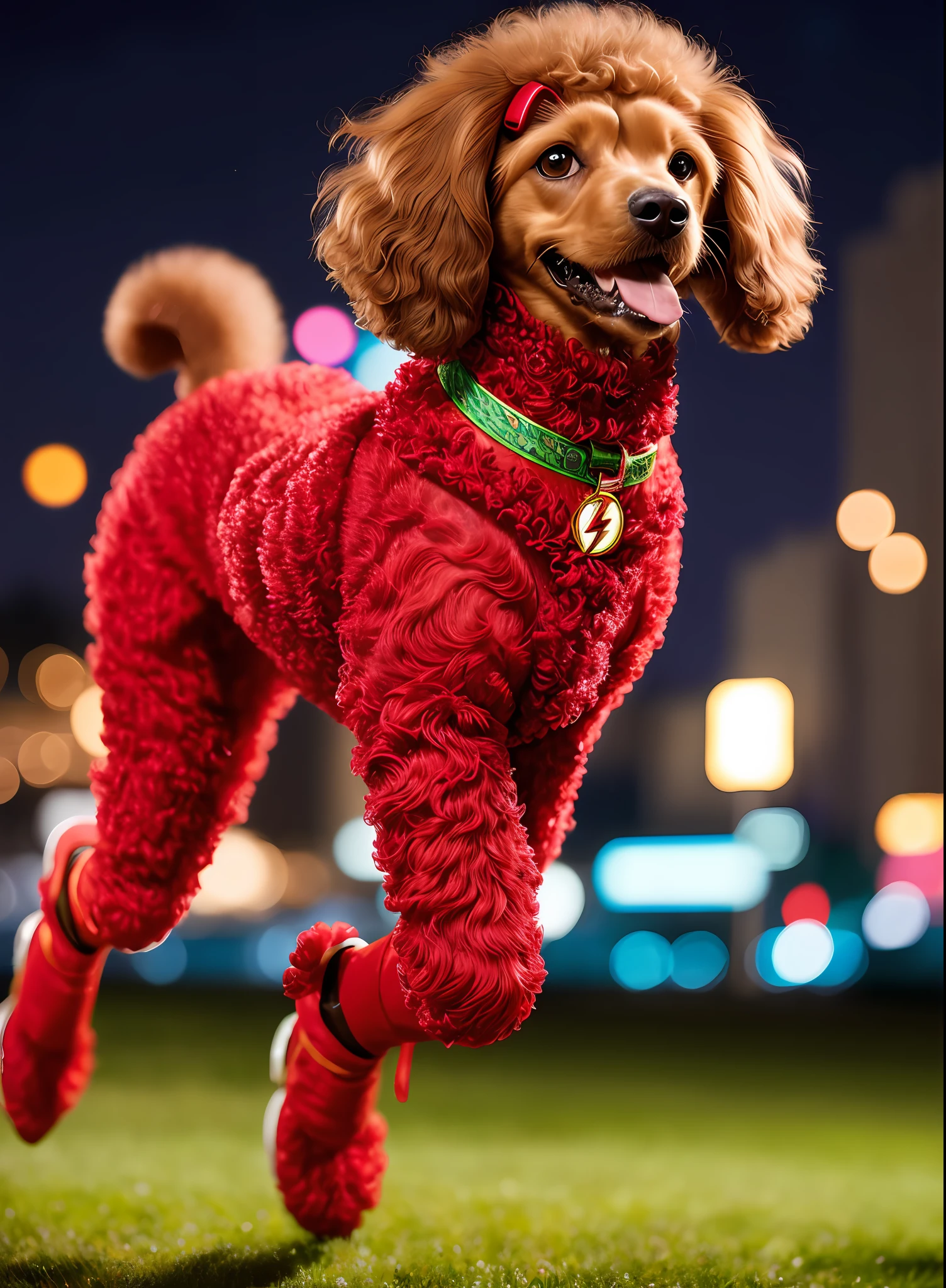 Poodle dog x The Flash 2023 red suit (masterpiece:1.2) (photorealistic:1.2) best quality) (detailed skin:1.3) (intricate details), running, cute, happy, (cinematic:1.2), background night city, (bokeh:1.2) ( (8k) (HDR) (cinematic lighting) (sharp focus)