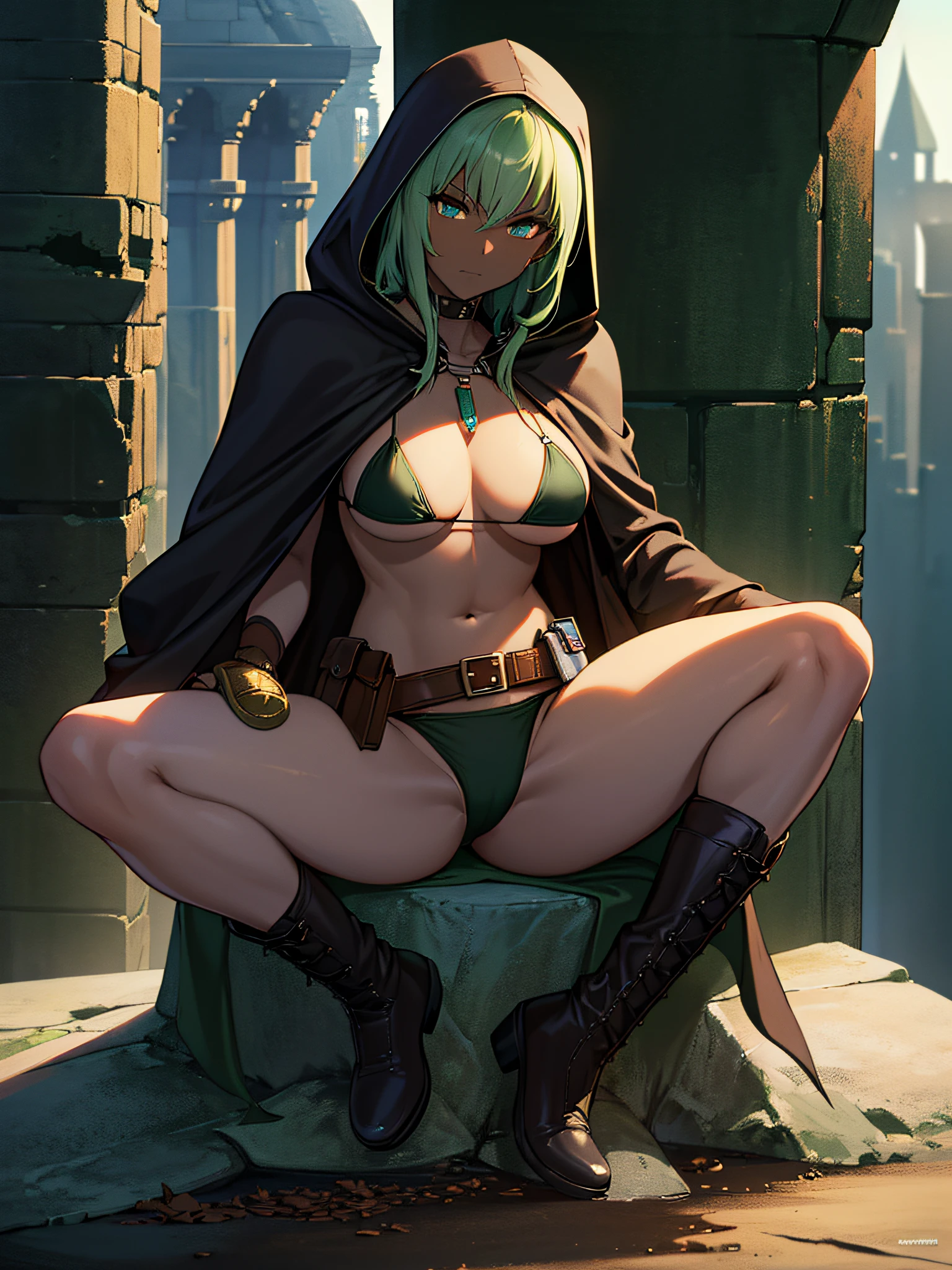 (Masterpiece, best quality, high resolution, perfect anatomy), Fantasy Assassin (extremely detailed face) (beautiful detailed eyes), (1 woman:1.1),(dark skin:1.2), ((light green medium hair)),  tall stature, (toned, slender), huge breast, (black triangle bikini:1.2, micro bikini, Low Rise Bikini), Armature, looking at viewer, perfect lighting, cinematic lighting, dynamic lighting, sunny, dejected posture, (gleaming skin:1.2), Tattered brown Cloak),(rogue, leather cloth, cotton cloth, belt, pouch, boots, poison, amulet)), (ruined castle:1.3), wear a hood, (spread legs:1.2), (sit astride), (girl on top)