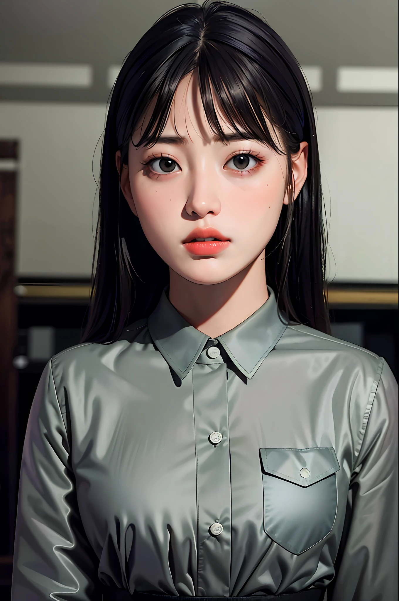 masterpiece, best quality, (dark photo:1.3), photorealistic, 1girl, flat bangs, stunning innocent symmetry face, shirt, emotional, ulzzang, (PureErosFace_V1:0.7)