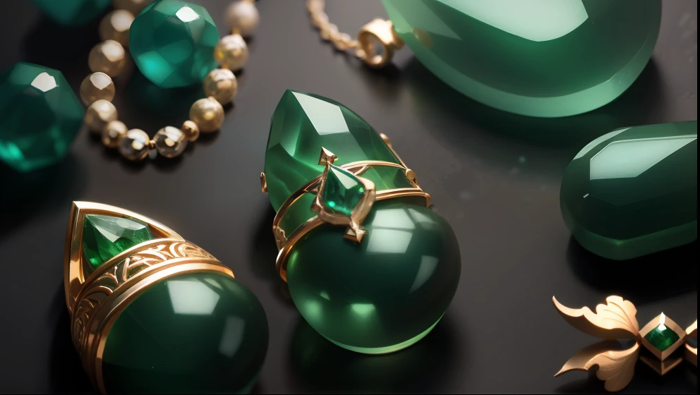 Jade jewelry, from above, depth of field, UHD, best quality, 8k