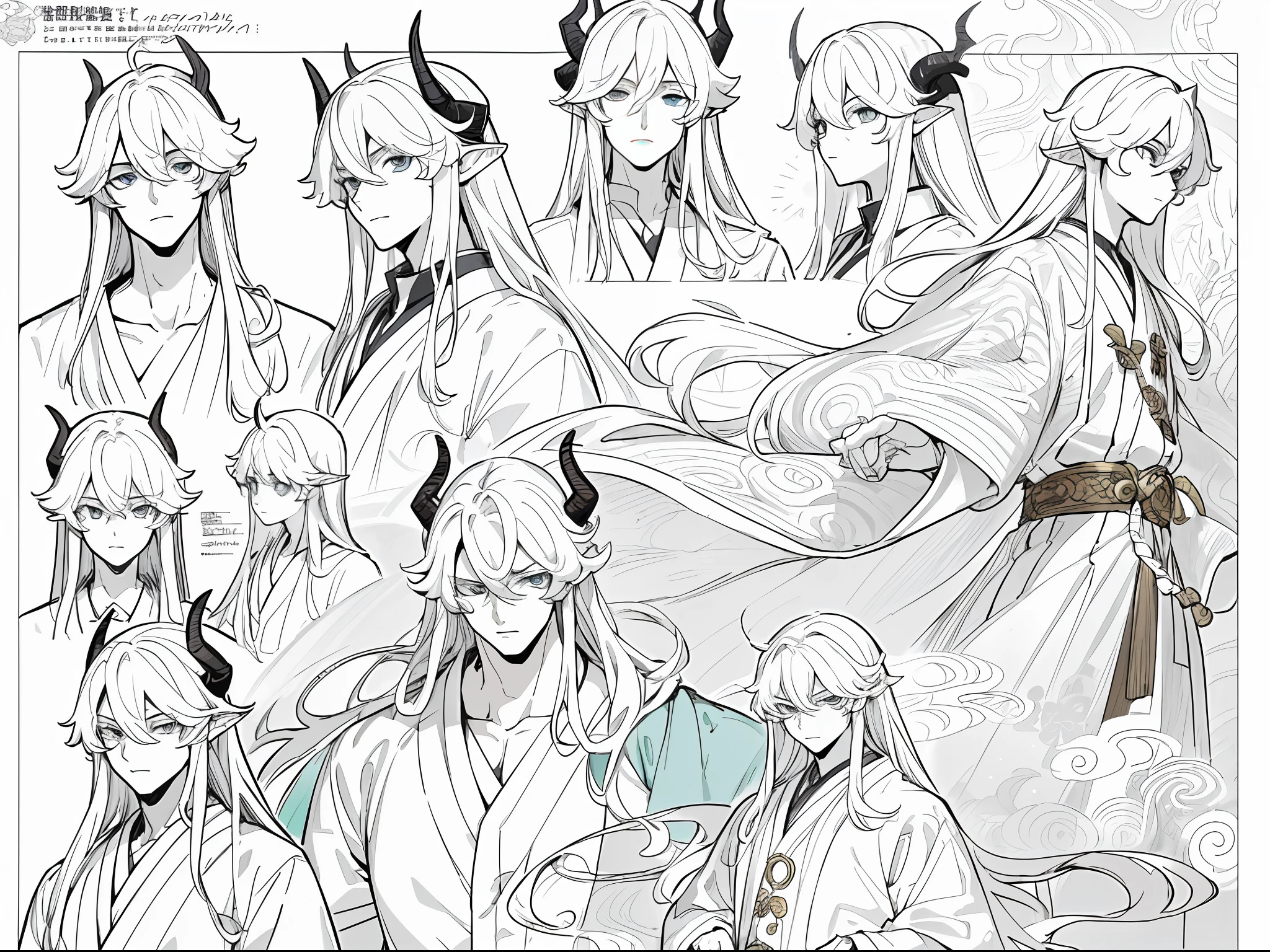 (Masterpiece, best quality) detailed, character list, illustrations of many objects, 1 boy, long hair, hair on eyes, muscles, beautiful eyes, environmental scene change, male demon, horns, yokai illustration style, full of detail, character sheet, multiple poss and expressions, highly detailed ,depth,many parts