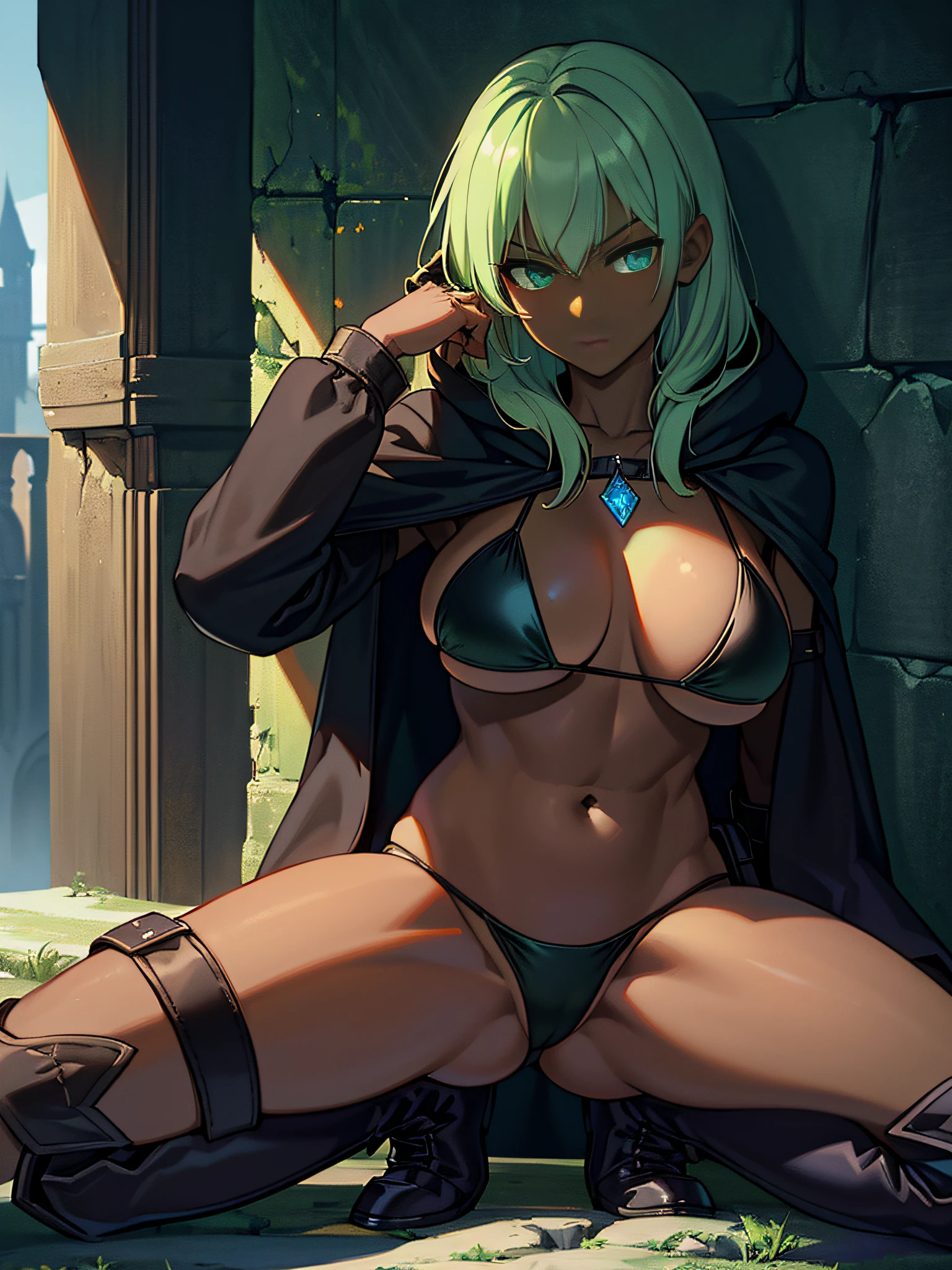 (Masterpiece, best quality, high resolution, perfect anatomy), Fantasy Assassin (extremely detailed face) (beautiful detailed eyes), (1 woman:1.1),(dark skin:1.2), ((light green medium hair)), tall stature, (toned, slender), huge breast, (black triangle bikini:1.2), micro bikini, Low Rise Bikini), Armature, looking at viewer, perfect lighting, cinematic lighting, dynamic lighting, sunny, dejected posture, (gleaming skin:1.2), Tattered black Cloak),(rogue, leather cloth, cotton cloth, belt, pouch, boots, poison, amulet)), (ruined castle:1.3), wear a hood, (spread legs:1.2), (sit astride), (girl on top)
