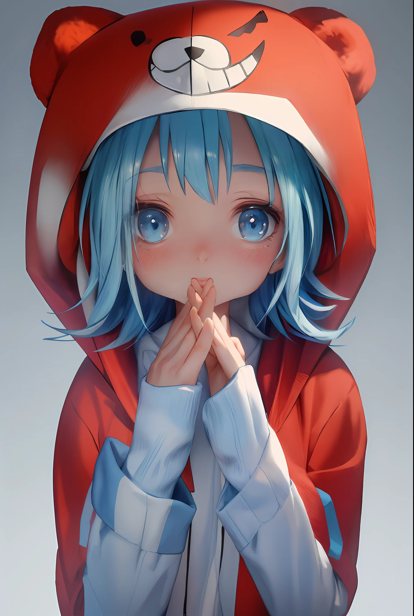 Masterpiece, best quality, official art, 8k wallpaper, very detailed, illustration, 1 girl, sky blue hair, hooded sweatshirt, bear motif on hat