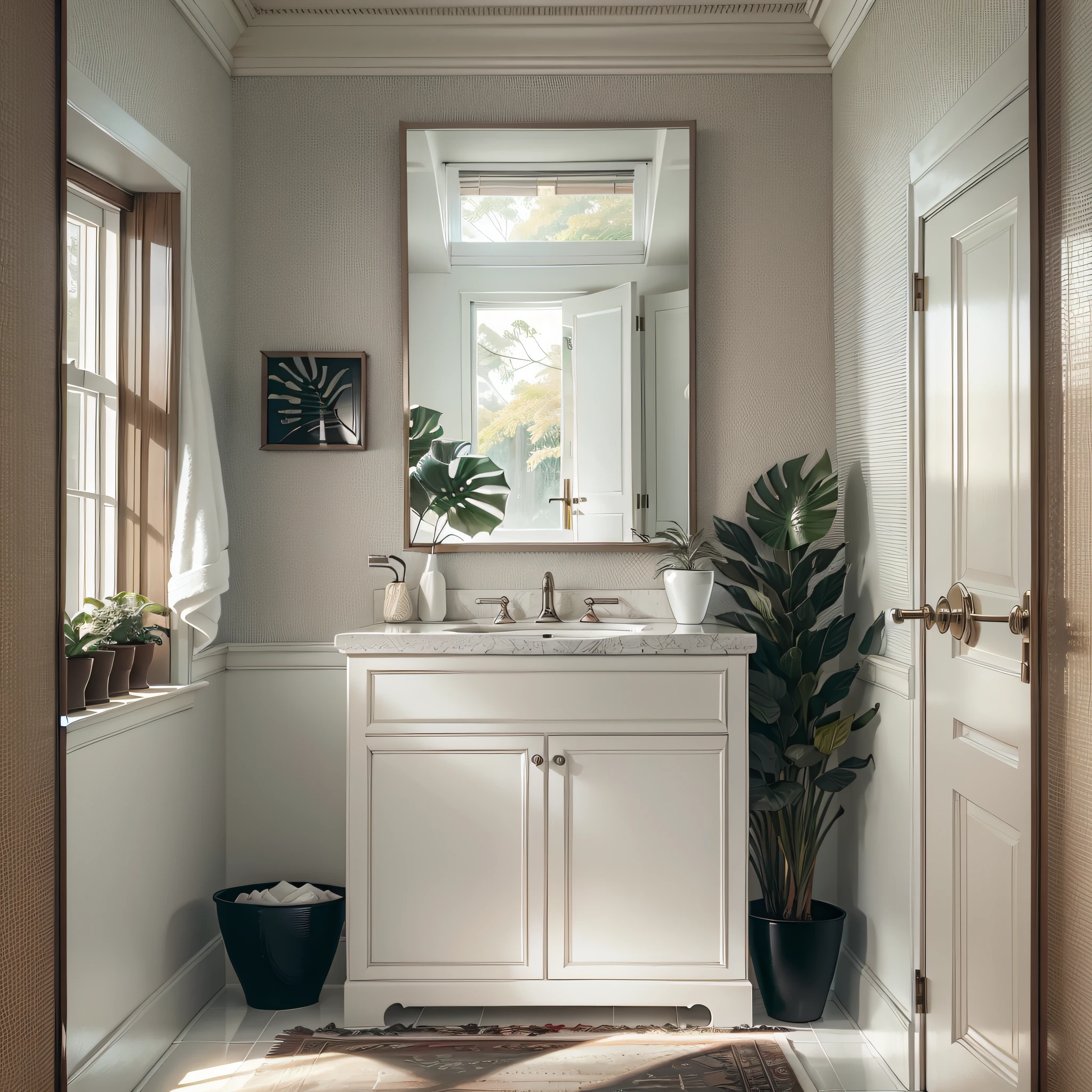 Bathroom, white wall, bathroom cabinet, small pot of monstera on the left side of the picture, carpet, window on the side, natural light, warm colors, elegant and sophisticated, simple style, stylish design, extreme detail, high resolution, close-up, art deco, central composition