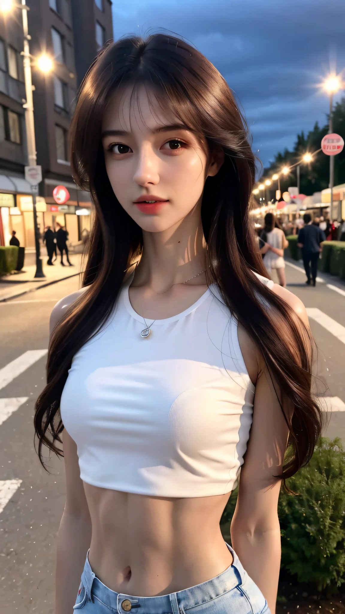 ((Realistic lighting, Best quality, 8K, Masterpiece: 1.3)), Clear focus: 1.2, 1girl, Perfect Figure: 1.4, Slim Abs: 1.1, ((Dark brown hair)), (White crop top: 1.4), (Outdoor, Night: 1.1), City streets, Super fine face, Fine eyes, Double eyelids,