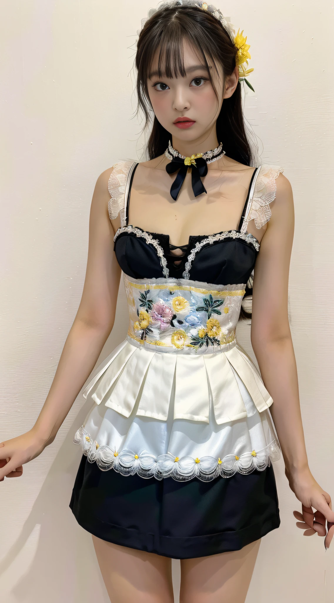 Masterpiece, Superb Painting, Realism, Cosplay, Maid, Cafe, 1 Female, (Hanfu, Exposed Dress, Black Shorts, Embroidery, Flowers, Lace, Decoration, Cleavage, Yellow with White Linen Skirt, Round Neck, Stacked Collar),