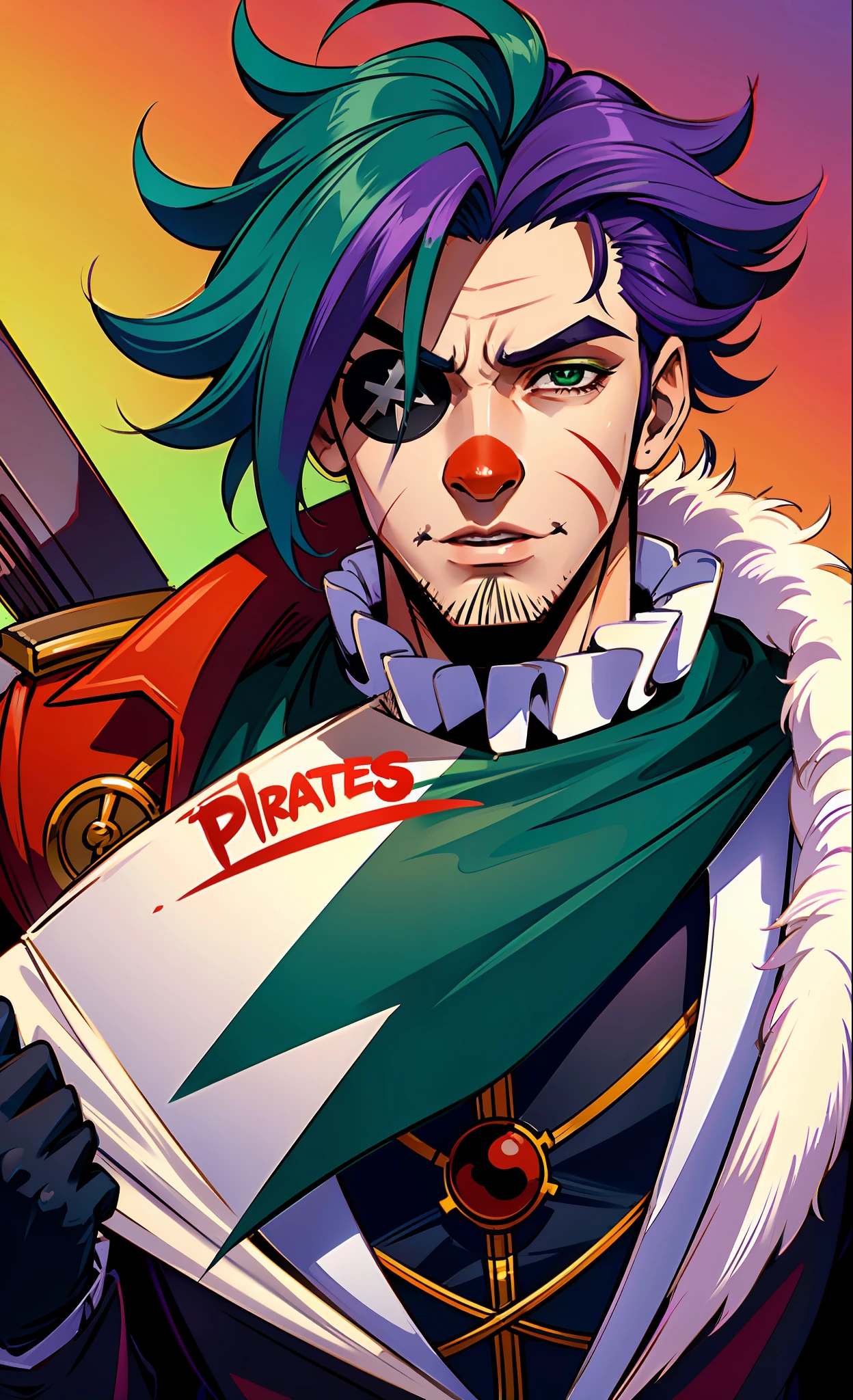 Generate an image of a male character who is half clown, half pirate and half butler. The character must have ((a red clown nose)), a pirate's eye patch and a butler uniform ((dark green hair)) ((combination of colors of their clothes that are various shades of green and purple)). The character must be holding a pirate hat in one hand and a plate of cake in the other. The background of the picture must be a pirate ship on the high seas. The image style should be detailed and symmetrical, colored by studio Ghbli, DC comics drawing style.
