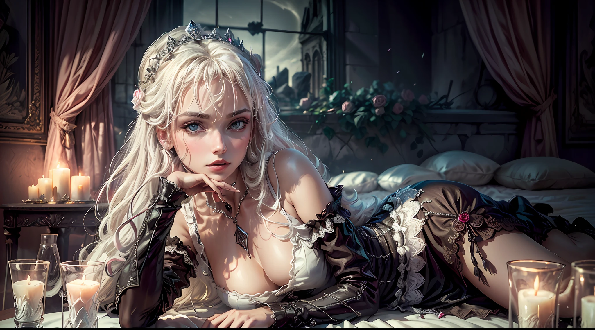 ((best quality)), ((masterpiece)), (very detailed: 1.3), 3D, NeonNoir, beautiful dark queen, rose, (with weird pendant on chest: 1.2), (diamond-shaped pupils: 1.2), (wearing a rose decorative dress: 1.2), dressed gorgeously, (wearing a crown: 1.2), candles shining with an eerie light, (white emanating: 1.1), contemptuous eyes, in a ruined castle, (lying in bed: 1.2), facing the window, Sony Master lens,