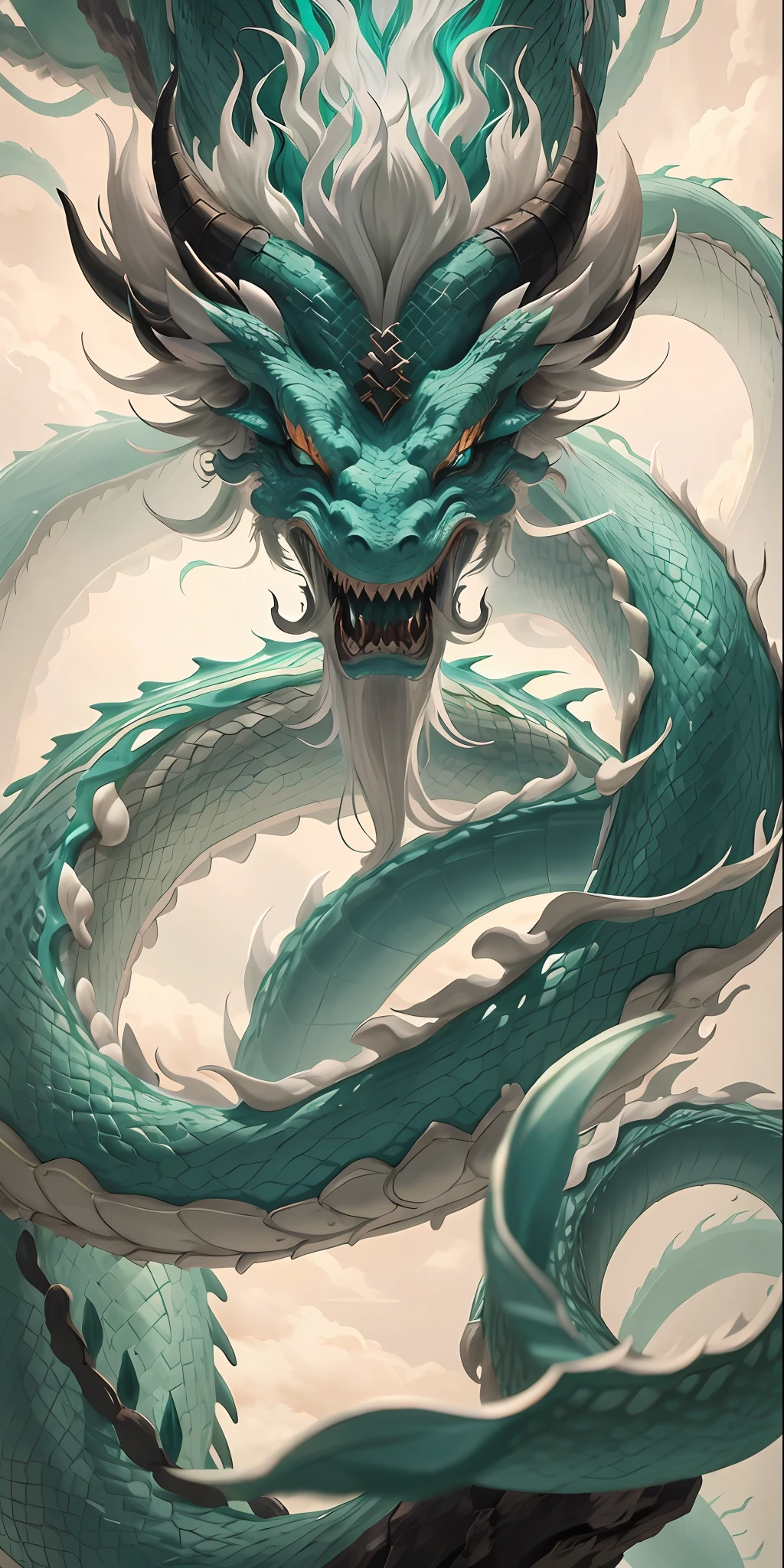 chinese dragon concept art, cyan chinese dragon fantasy, smooth chinese dragon, majestic japanese dragon, dragon art, lung dragon, loong, green dragon, black horn, facing forward, looking at viewer, chinese dragon, white long beard, white hair, white fur