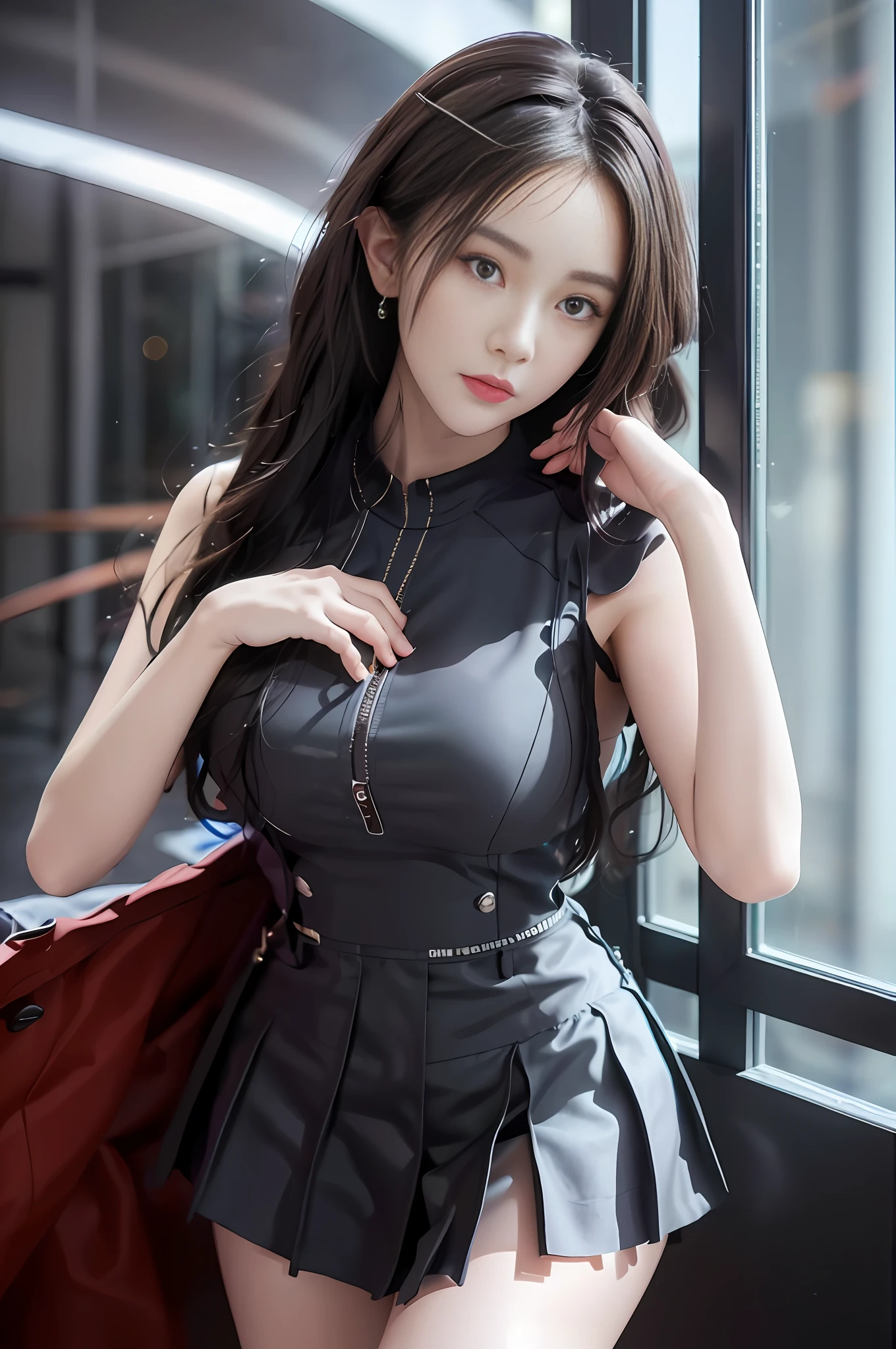 best quality, masterpiece, 1 girl, beautiful face, (photo photo:1.3), edge lighting, (high detail skin:1.2), 8k ultra hd, dslr camera, high quality, high resolution, 4k, 8k, bokeh, ridiculous, best ratio four fingers and one thumb, (realistic:1.3), cute 1girl, wearing black suspenders, medium breasts, short skirt,
