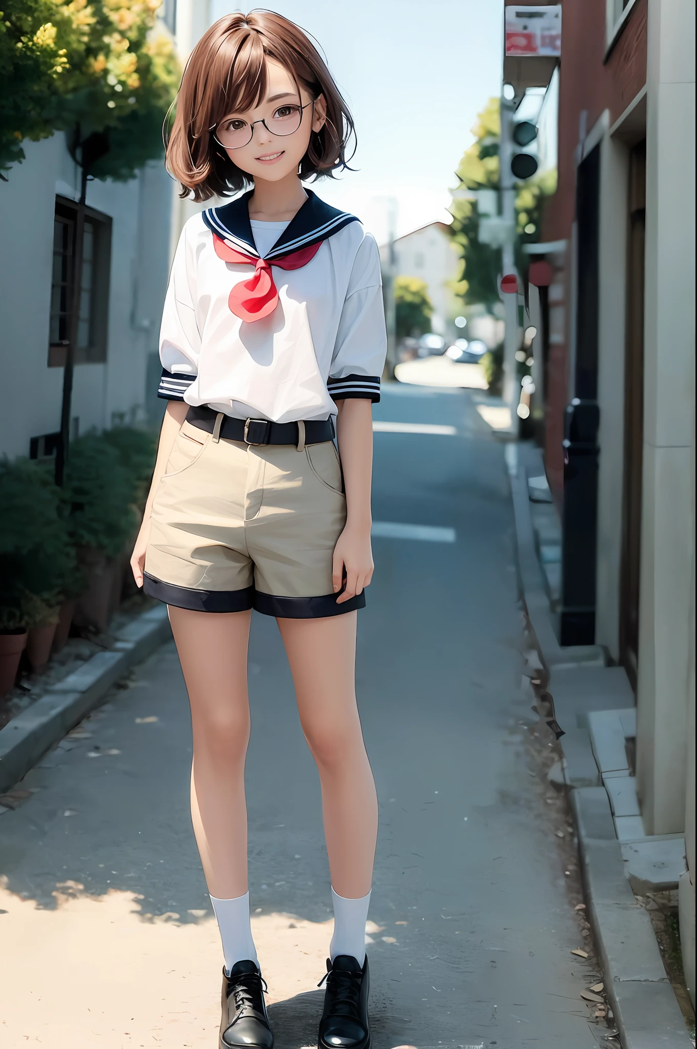 ((Middle breasted, tomboyish, head small)), (Perfect body: 1.1), (Short wavy hair: 1.2), reddish brown hair, collar, chain, full body shot, crowded streets, sailor suit, ((Shorts)), (Highly detailed CG 8k wallpaper), (Very delicate and beautiful), (Masterpiece), (Best Quality: 1.0), (Ultra High Definition: 1.0), glasses, smile