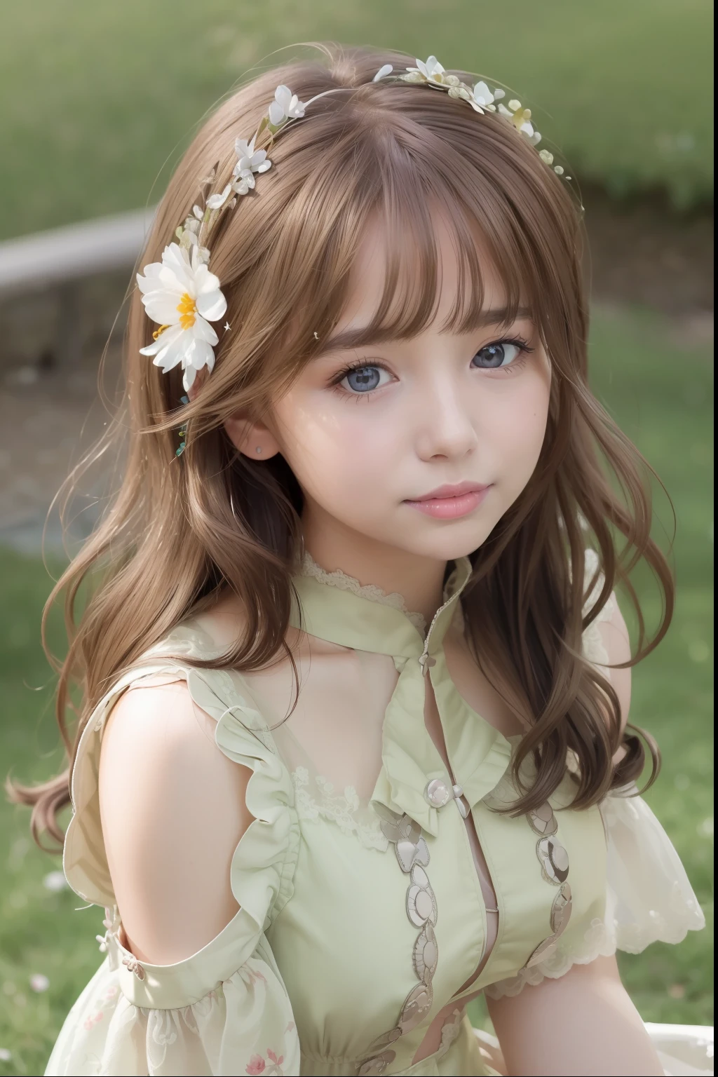 ((Best Quality:1.2, 8k, photo realistic:1.4, Masterpiece, shiny sun Lighting, Ultimate pretty Girl, Highly Detailed beautiful Textures, detailed beauty makeup, realistic skin, detailed eyes, detailed bangs)),5yo,(floral back ground), (shiny white Princess dress), (hair ornament), (Grinning ear to ear), (open mouth), (detailed brilliant brown and silver two-tone wavy medium hair), ((baby face)), (head tilt), sit, look at viewer, from above, wind