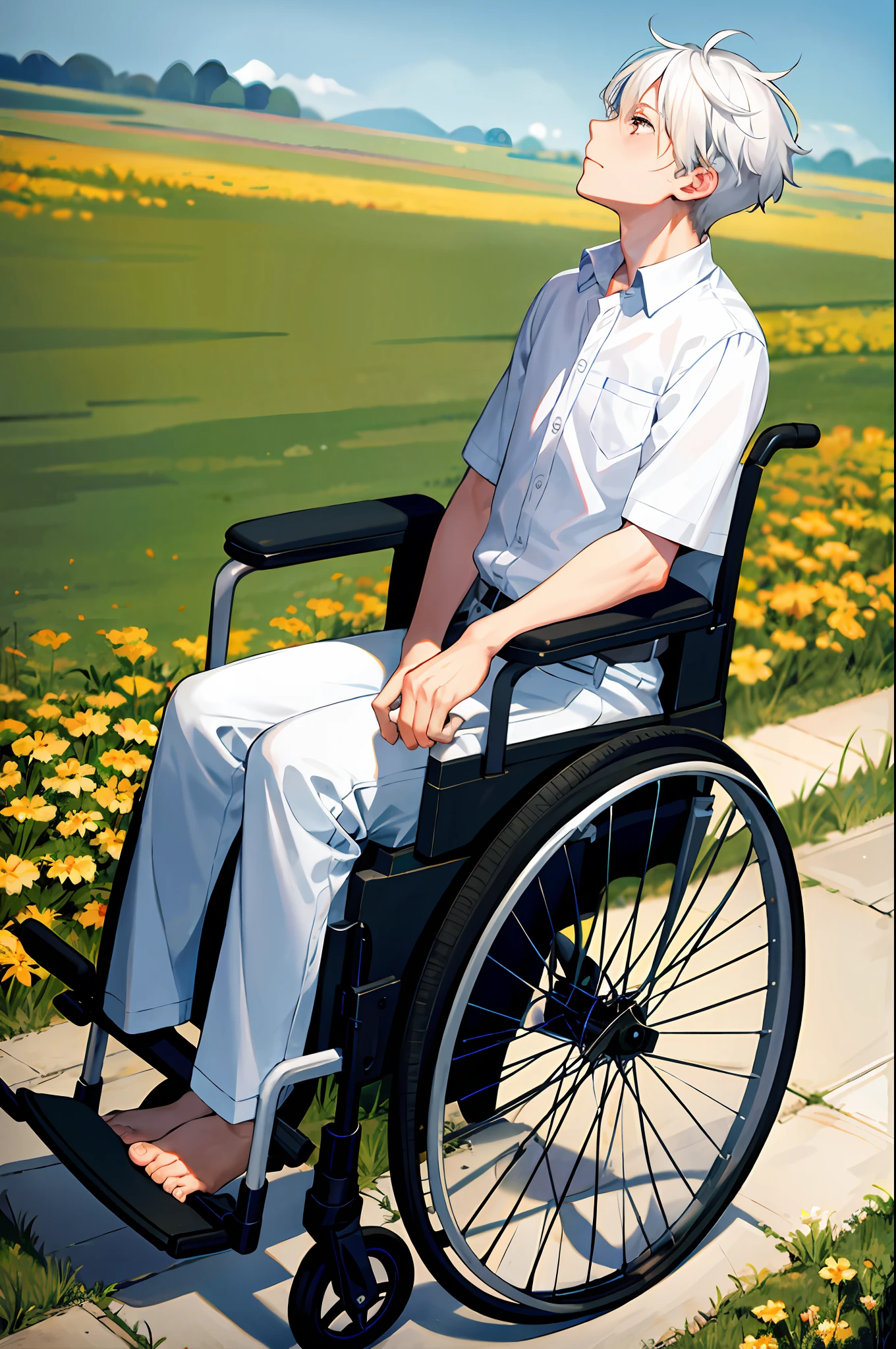 1 boy, one, profile, Y-shirt, (wheelchair) upshot, (sad), , white hair, chagrined, up, meadow background,