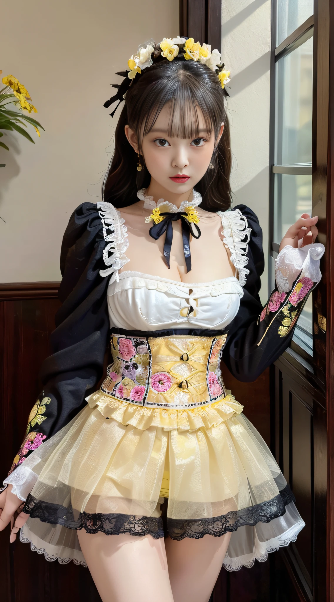 Masterpiece, Superb Painting, Realism, Cosplay, Maid, Cafe, 1 Female, (Hanfu, Exposed Dress, Black Shorts, Embroidery, Flowers, Lace, Decoration, Cleavage, Yellow with White Linen Skirt, Round Neck, Stacked Collar),