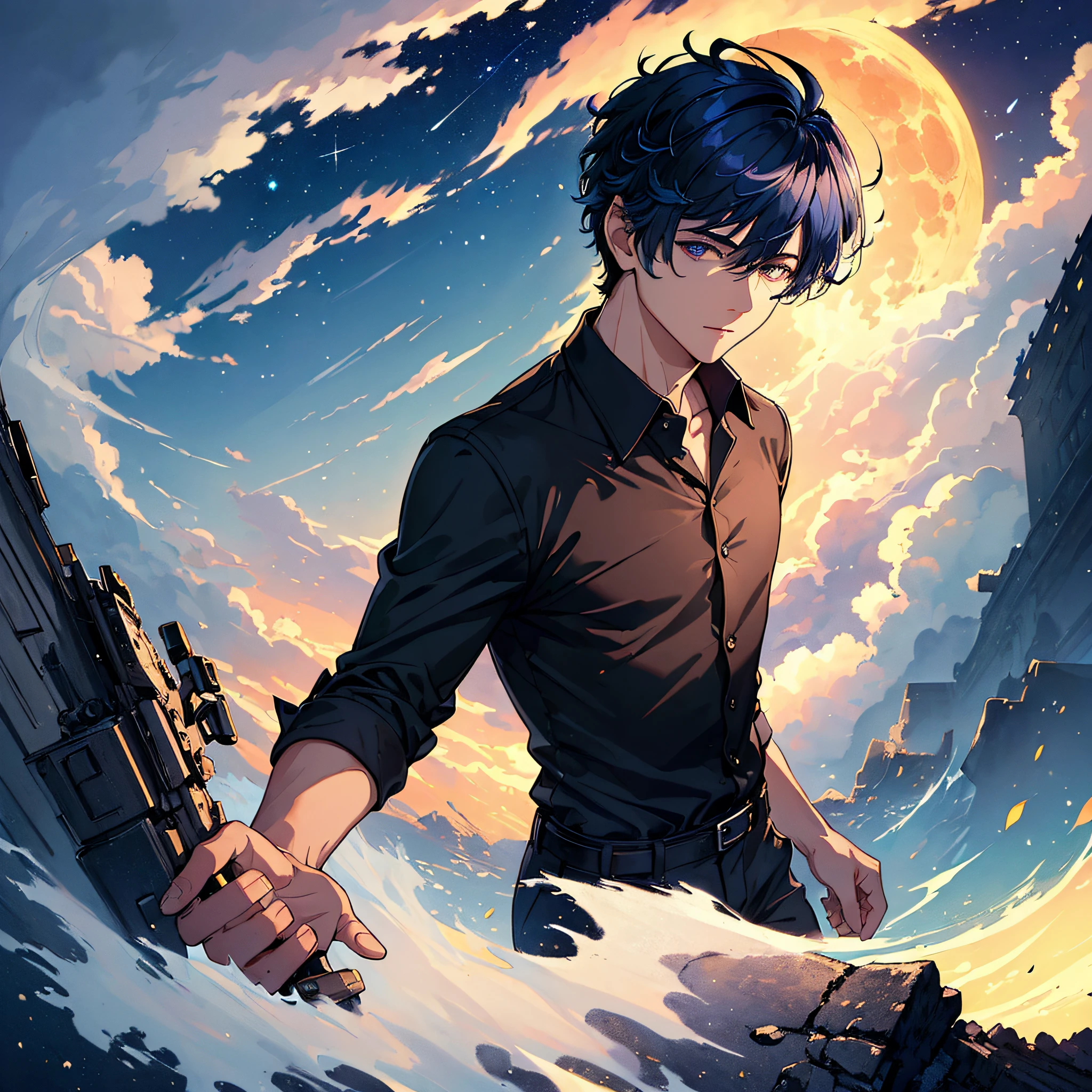 (masterpiece:1.5), (ultra-detailed), (extremely detailed CG, ultra-detailed, best shadow:1.1), 1boy, solo, night sky, outdoors, moon, stars, clouds, short hair, (blue hair), dress shirt, (black shirt), extremely detailed eyes, shadow on face, looking at viewer, mysterious, hyper detailed, texture, detail, realism, depth, perspective, special effects, composition, scale, foreground, middle ground, background, perspective, light, color, texture, detail, beauty, wonder, mature young man, city