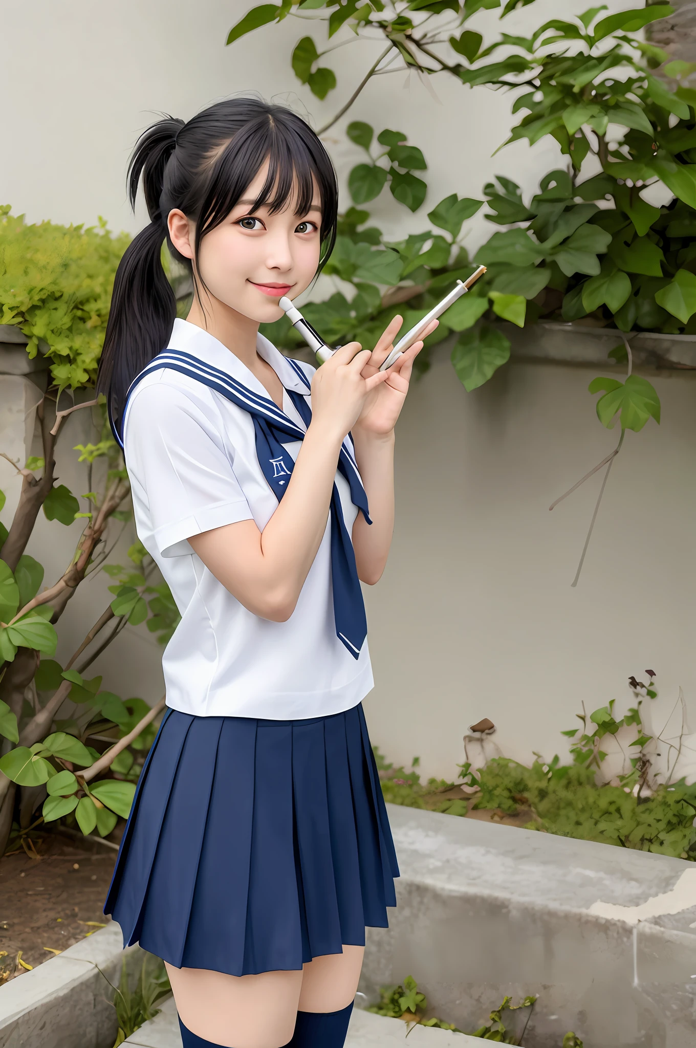masterpiece, best quality, highres, nozomi1, 1girl, kasaki nozomi, solo, school uniform, blue eyes, black socks, ponytail, sailor collar, blue skirt, black hair, blue sailor collar, pleated skirt, blue neckerchief, short sleeves, long hair, white shirt, kneehighs, wristwatch, bangs, cowboy shot, flute, holding flute, smile,