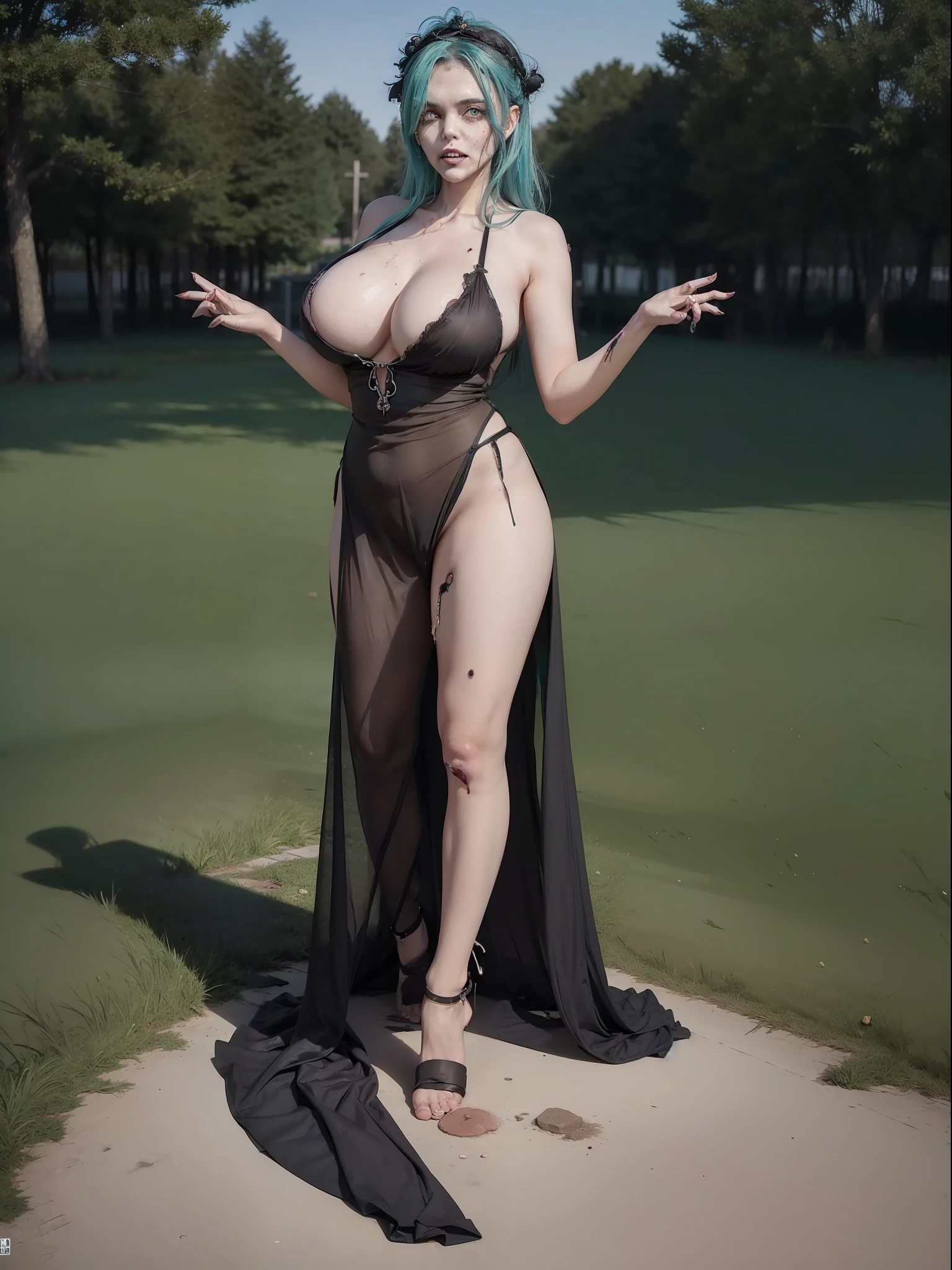 (front/standing/full body photo:2), (one/woman/zombie:1.6), (large breasts:1.8), (body with several wounds:1.5), wearing a black silk maid's outfit half transparent all torn, clothes extremely tight on the body, white maid's headdress on the head, no skirt, she is inside a graveyard at night with fog and a full moon in the sky,  she has extremely pale skin, green eyes, blue hair, (doing sensual pose for the viewer:1.5), is smiling, is staring at the viewer, anime style, 16k, UHD, masterpiece, high quality, high details, textured skin