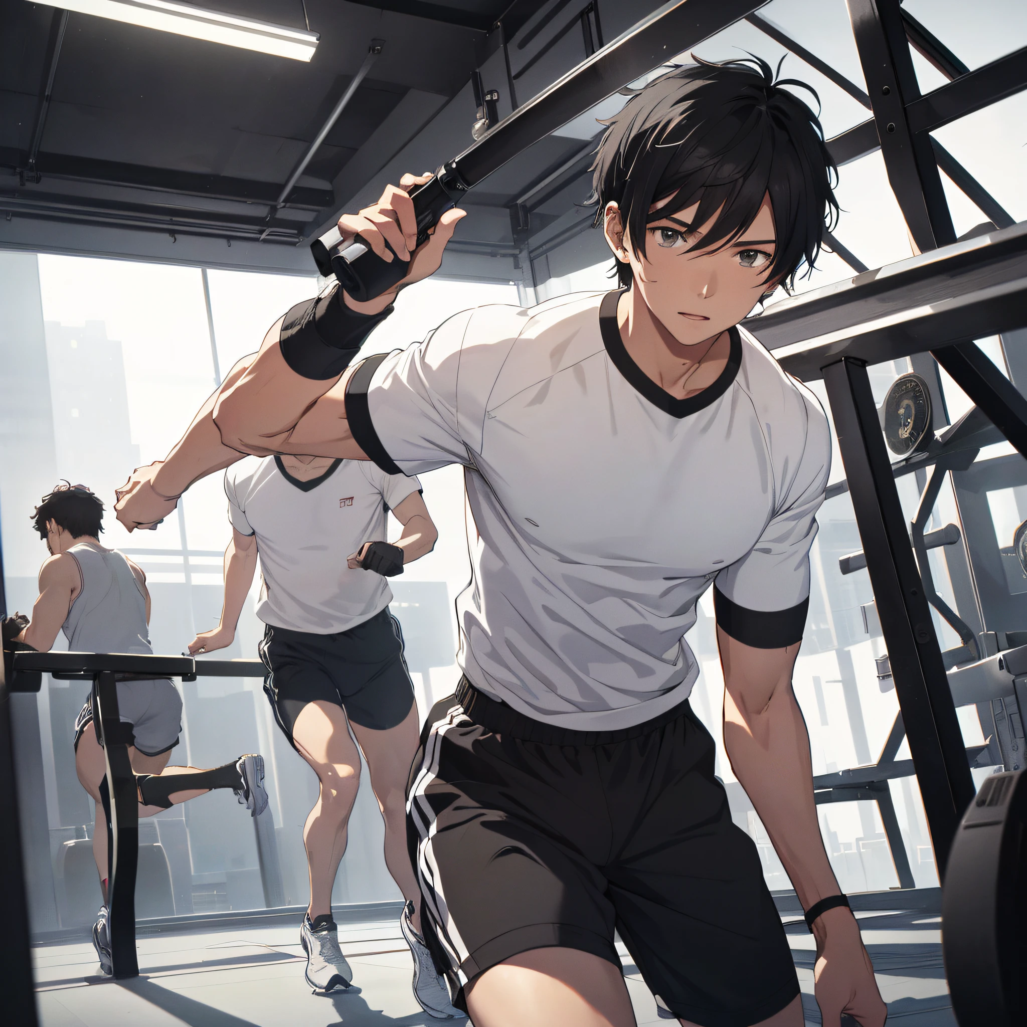 A young man with short black hair in white clothes running in a gym, (expression tired 1.5) (running action 1.5) (sweat 1.3) (background is gym 1.5) great works: 1.3), (best quality: 1.1) (masterpieces: 1.3) with unparalleled masterpieces, surreal 8K, perfect artwork, super detail, best quality, masterpiece 4K wallpaper aesthetics, masterpiece, award-winning artwork, official art, cinematic lighting