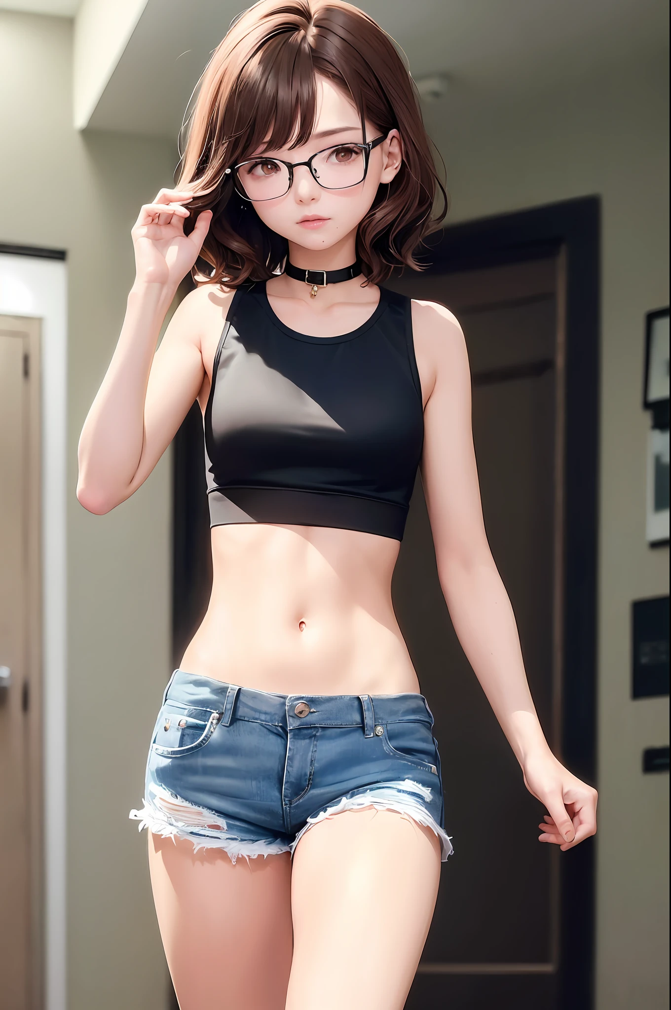 ((Middle chest, tomboy, head small)), (Chiseled abs: 1.1), (Perfect body: 1.1), (Short wavy hair: 1.2), reddish brown hair, collar, chain, full body shot, crowded streets, wearing black tank top, jeans jacket, (Shorts)), (CG 8k wallpaper), (Very delicate and beautiful), (Masterpiece), (Best Quality: 1.0), ( Ultra High Resolution: 1.0), Sailor Suit, Programmer, Glasses