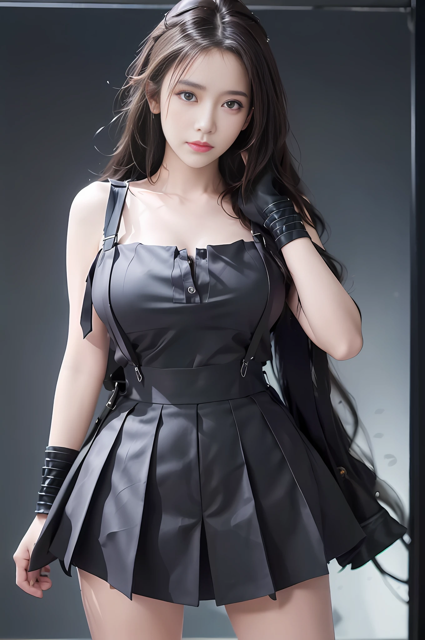 best quality, masterpiece, 1 girl, beautiful face, (photo photo:1.3), edge lighting, (high detail skin:1.2), 8k ultra hd, dslr camera, high quality, high resolution, 4k, 8k, bokeh, ridiculous, best ratio four fingers and one thumb, (realistic:1.3), cute 1girl, wearing black suspenders, medium breasts, short skirt,