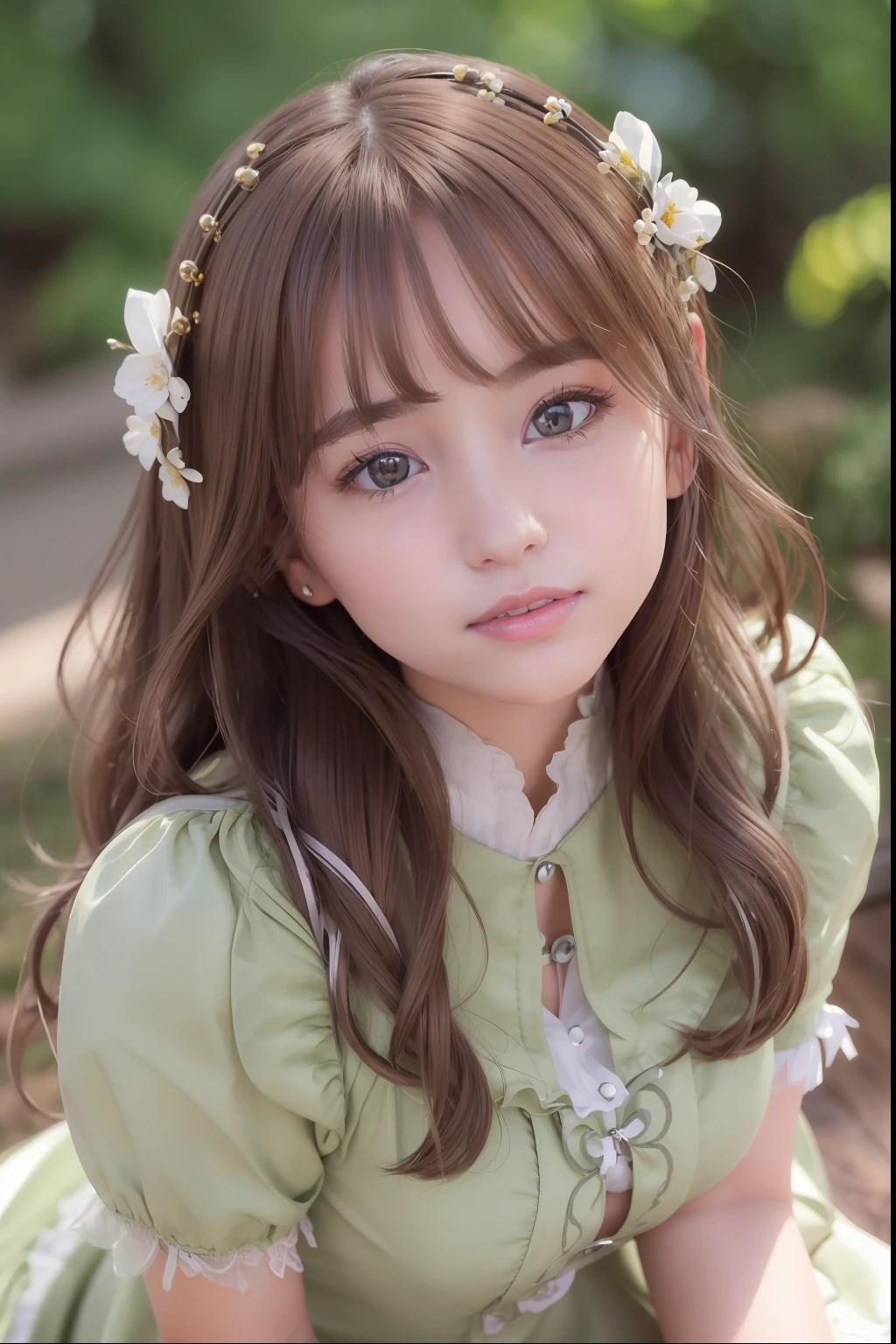 ((Best Quality:1.2, 8k, photo realistic:1.4, Masterpiece, shiny sun Lighting, Ultimate pretty Girl, Highly Detailed beautiful Textures, detailed beauty makeup, realistic skin, detailed eyes, detailed bangs)),5yo,(floral back ground), (shiny white Princess dress), (hair ornament), (Grinning ear to ear), (open mouth), (detailed brilliant brown and silver two-tone wavy medium hair), ((baby face)), (head tilt), sit, look at viewer, from above, wind