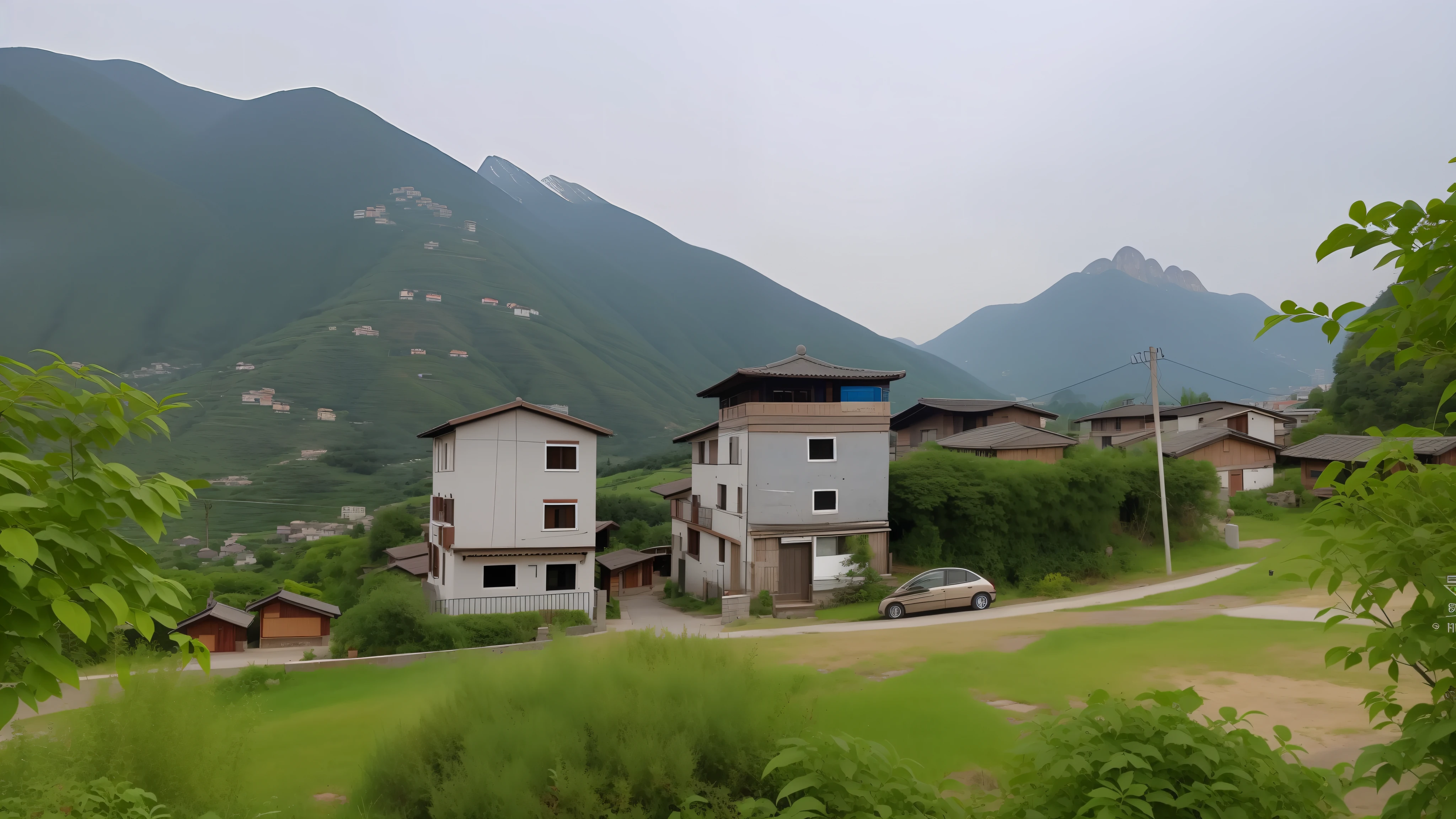 there is a small car parked in front of a building, some houses in the background, the neat and dense buildings, village in the background, moutain in background, empty buildings with vegetation, building in the distance, buildings in the distance, small town surrounding, residential area, chinese village, houses and buildings, view from a distance, poor buildings, view of villages