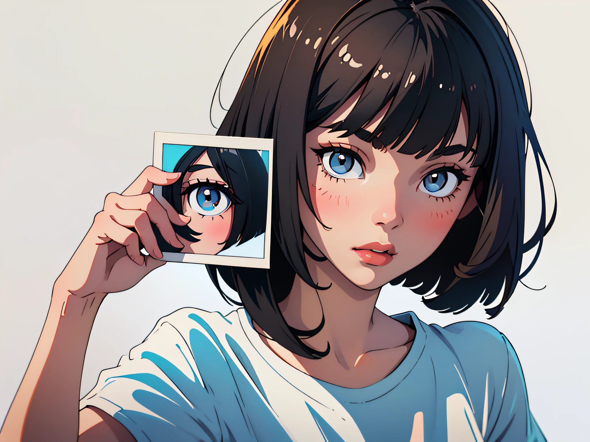 (best quality, masterpiece), a photo of 1girl holding a polaroid photo in her hand, black bob cut hair, ((white t-shirt)), eyes not facing camera, white background, flat color