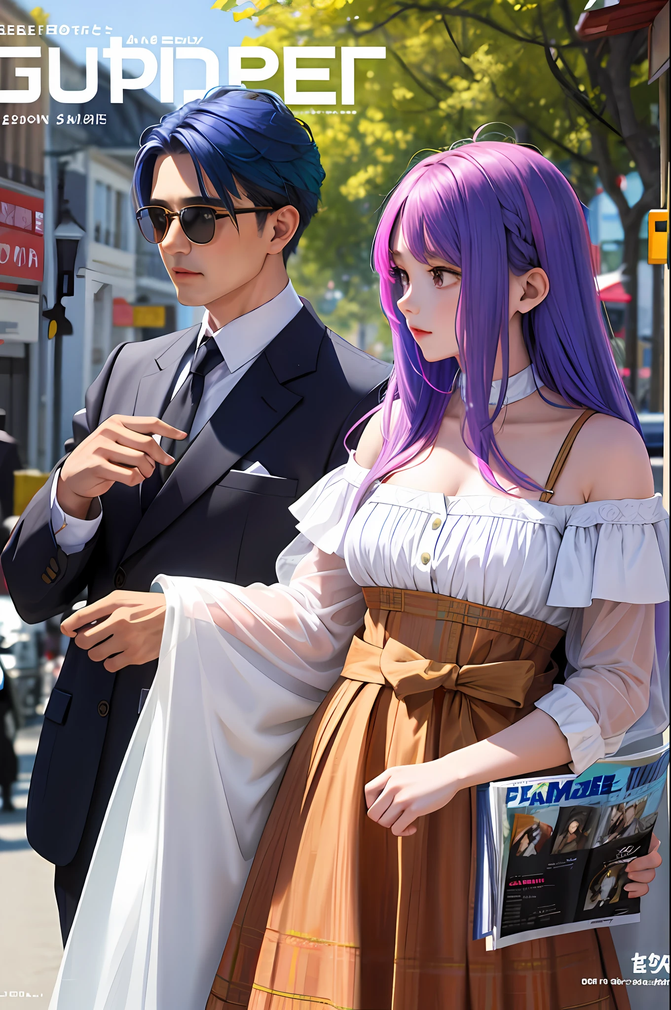 Father and daughter, masterpiece, superlative, spring dress, colored hair, outdoors, magazine cover, upper body,