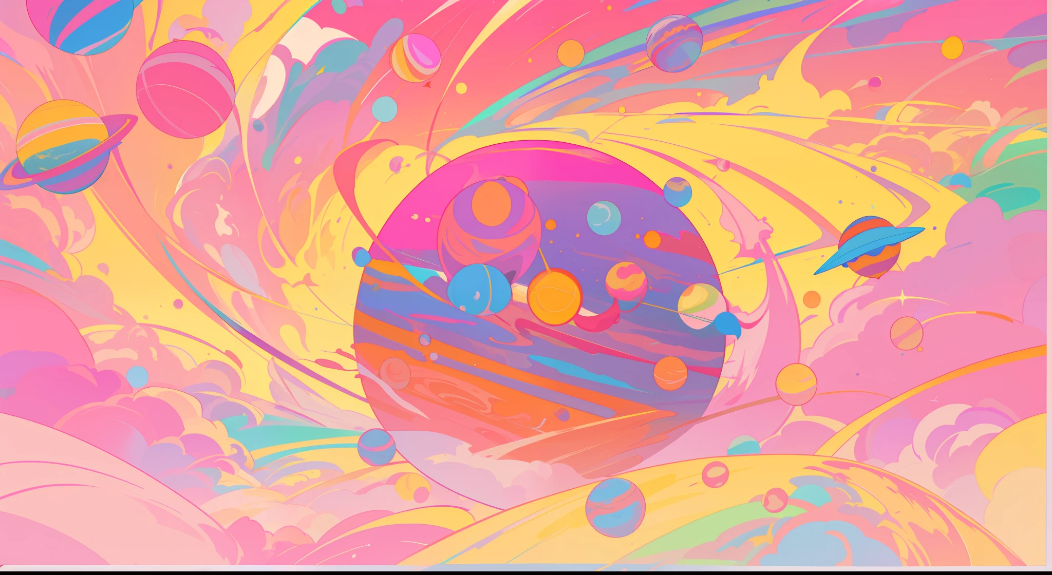 Game promotional poster, a huge planet, sweeping the surrounding energy, beautiful colors, master composition, astronauts, trophies, Jupiter, crown, rocket, beautiful colors, meticulous, 8k, pink, bright colors, yellow-pink gradients