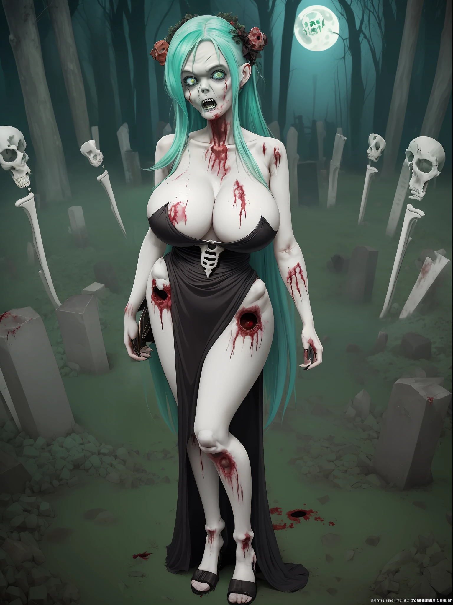 (front/standing/full body photo:2), (one/woman/zombie:1.8), (large breasts:1.8), (body with several deep wounds/exposed bones:1.5), wearing a half-transparent black silk maid's outfit all torn, extremely tight clothing on her body, white maid's headdress on her head, no skirt, she is inside a graveyard at night with fog and a full moon in the sky, she has extremely pale skin, green eyes, blue hair, (doing sensual pose for the viewer:1.5), is smiling, is staring at the viewer, anime style, 16k, UHD, masterpiece, high quality, high details, textured skin