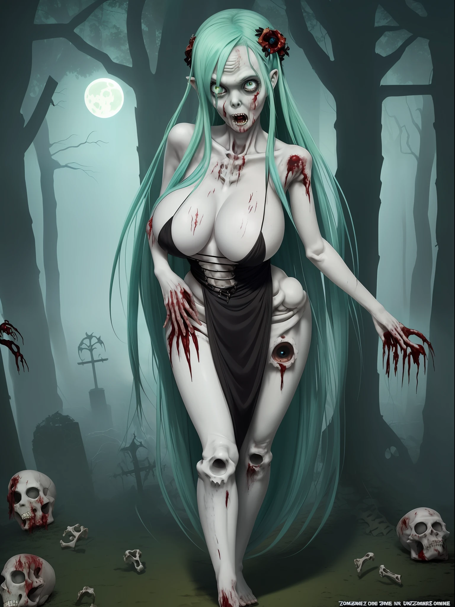(front/standing/full body photo:2), (one/woman/zombie:1.8), (large breasts:1.8), (body with several deep wounds/exposed bones:1.5), wearing a half-transparent black silk maid's outfit all torn, extremely tight clothing on her body, white maid's headdress on her head, no skirt, she is inside a graveyard at night with fog and a full moon in the sky, she has extremely pale skin, green eyes, blue hair, (doing sensual pose for the viewer:1.5), is smiling, is staring at the viewer, anime style, 16k, UHD, masterpiece, high quality, high details, textured skin